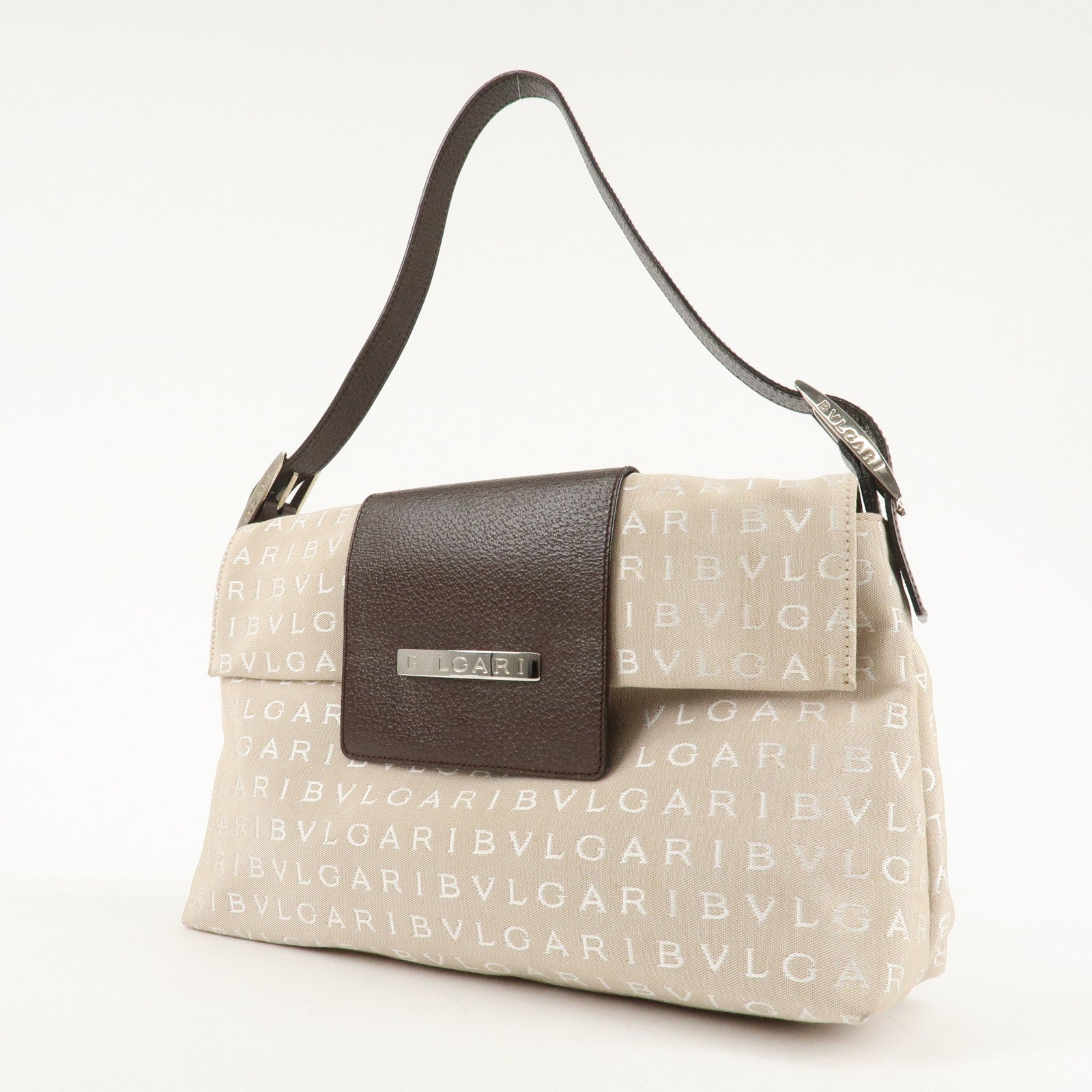 BVLGARI Logo Mania Canvas Leather Hand Bag Shoulder Bag Beige Used