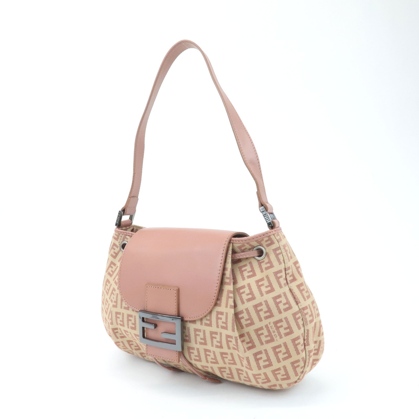 FENDI Zucchino Canvas Leather Shoulder Bag Beige Pink 8BR282 Used