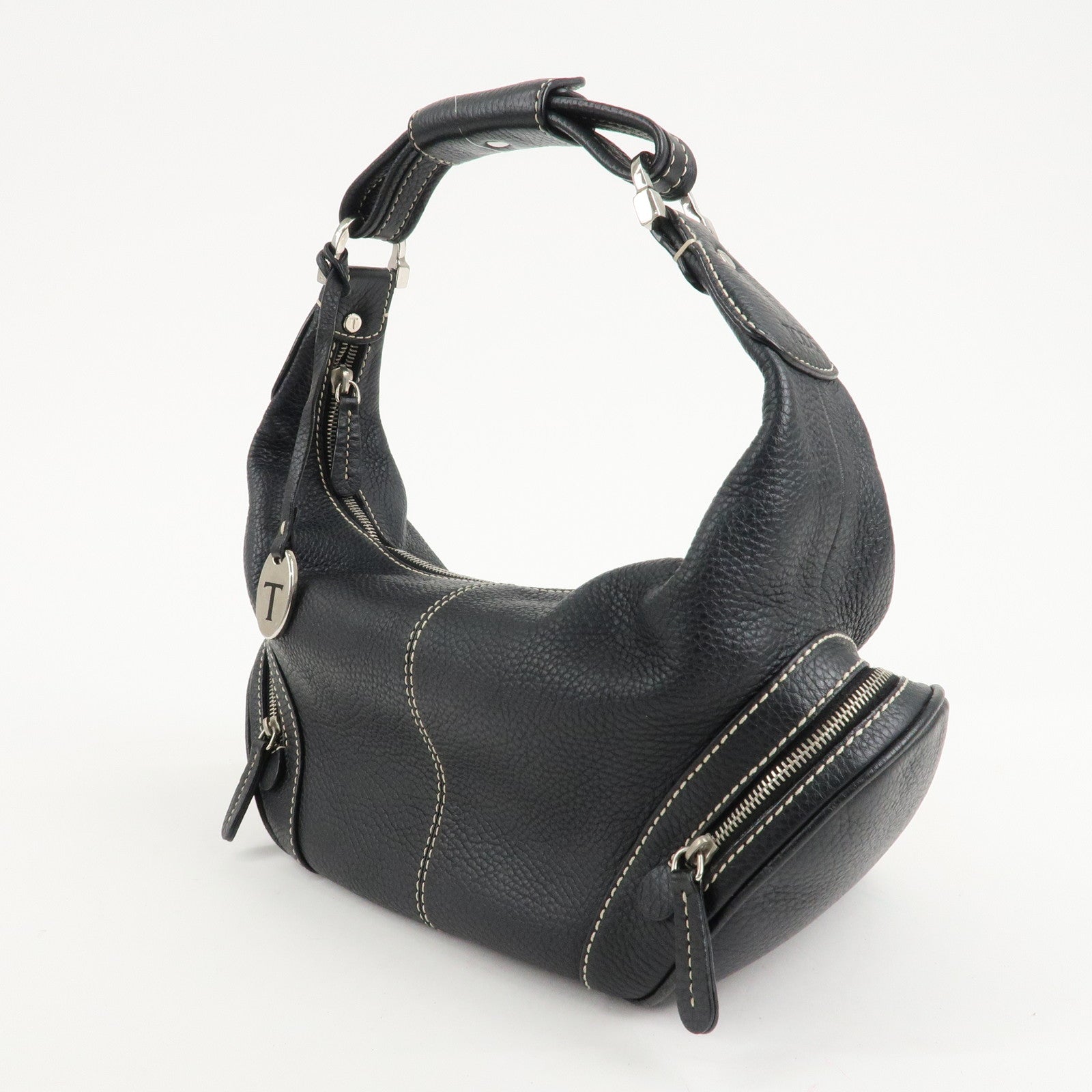 TOD'S Leather Shoulder Bag Hand Bag Black Silver Hardware Used