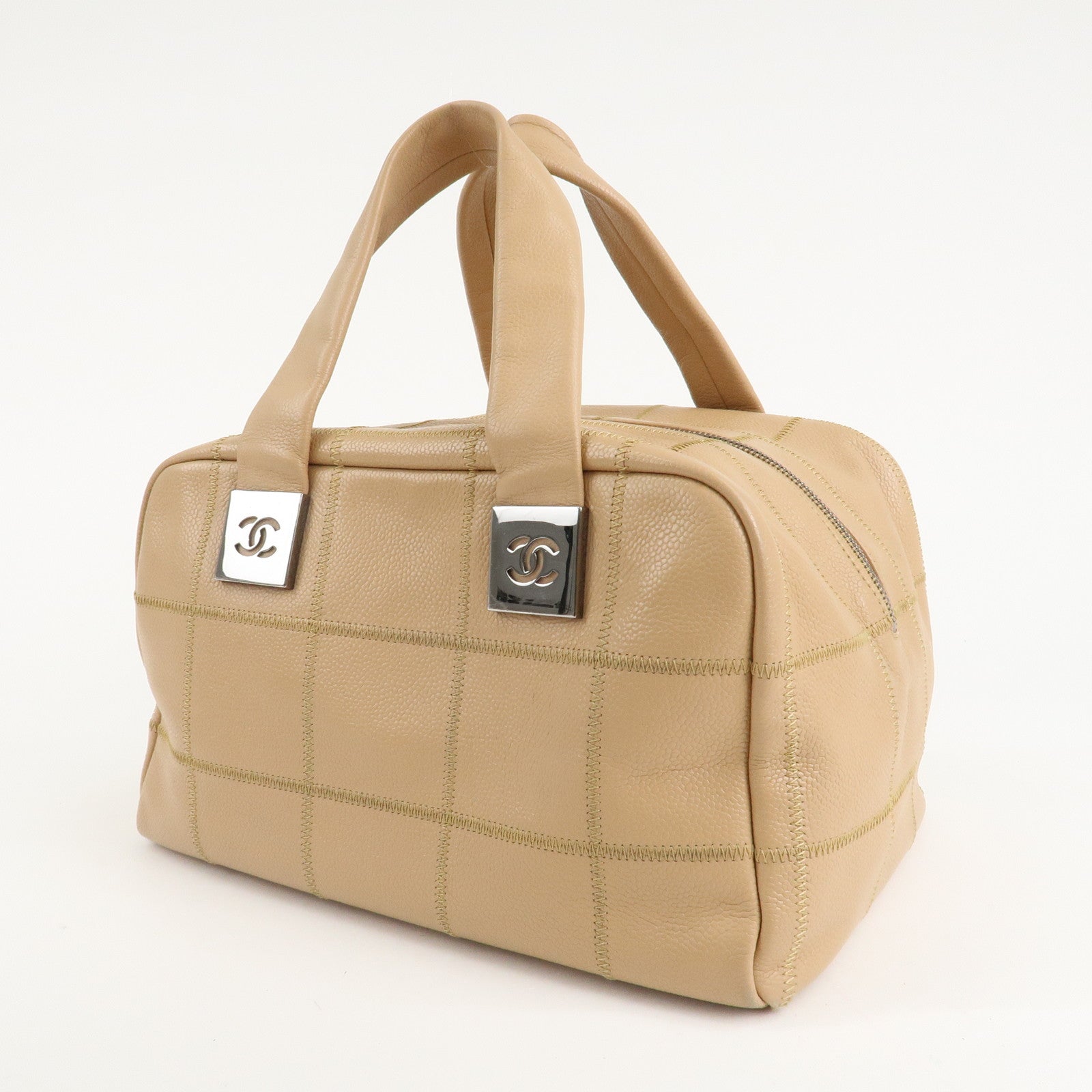 CHANEL Chocolate Bar Caviar Skin Boston Bag Beige A24184 Used