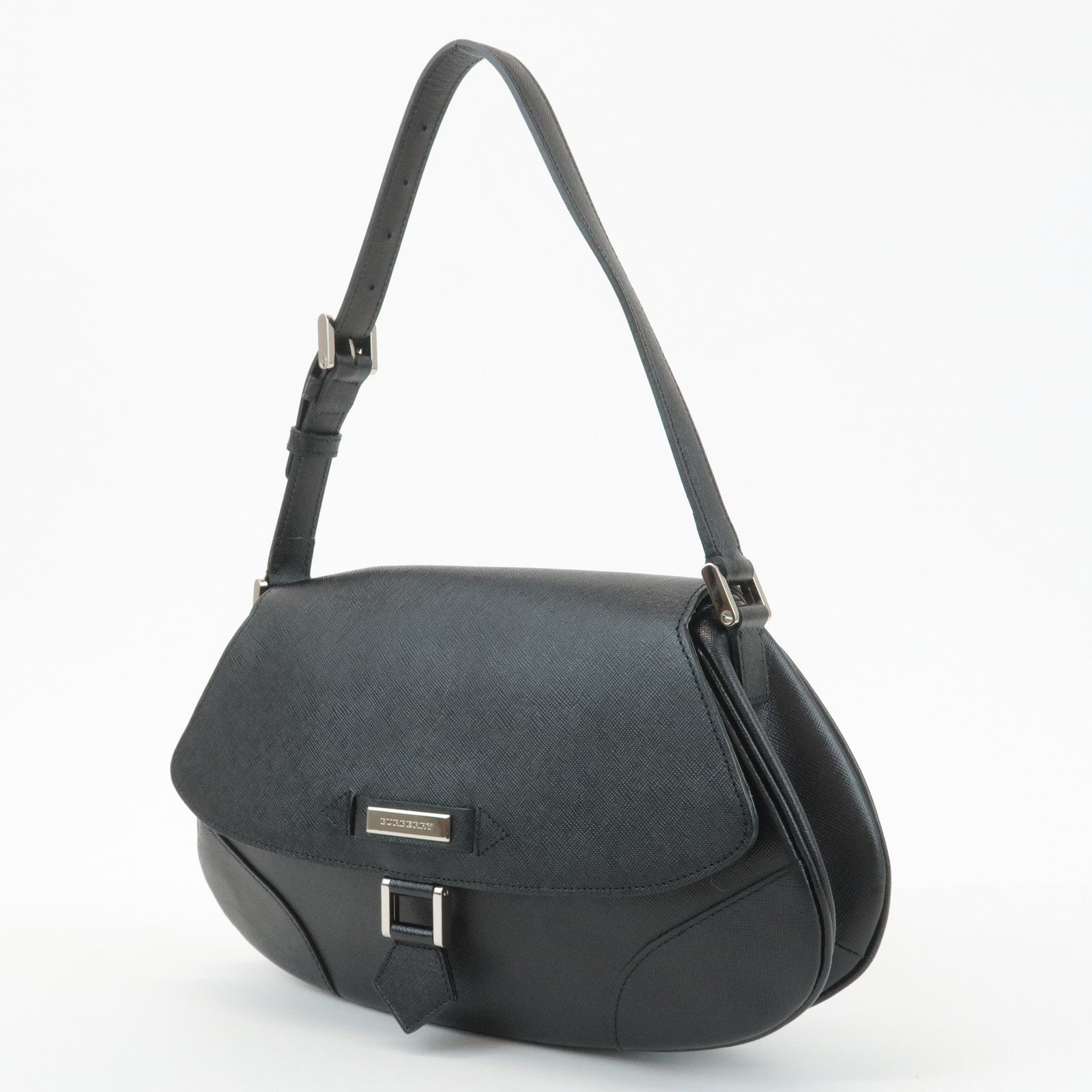 BURBERRY Leather Shoulder Bag Hand Bag Black Silver Hardware Used