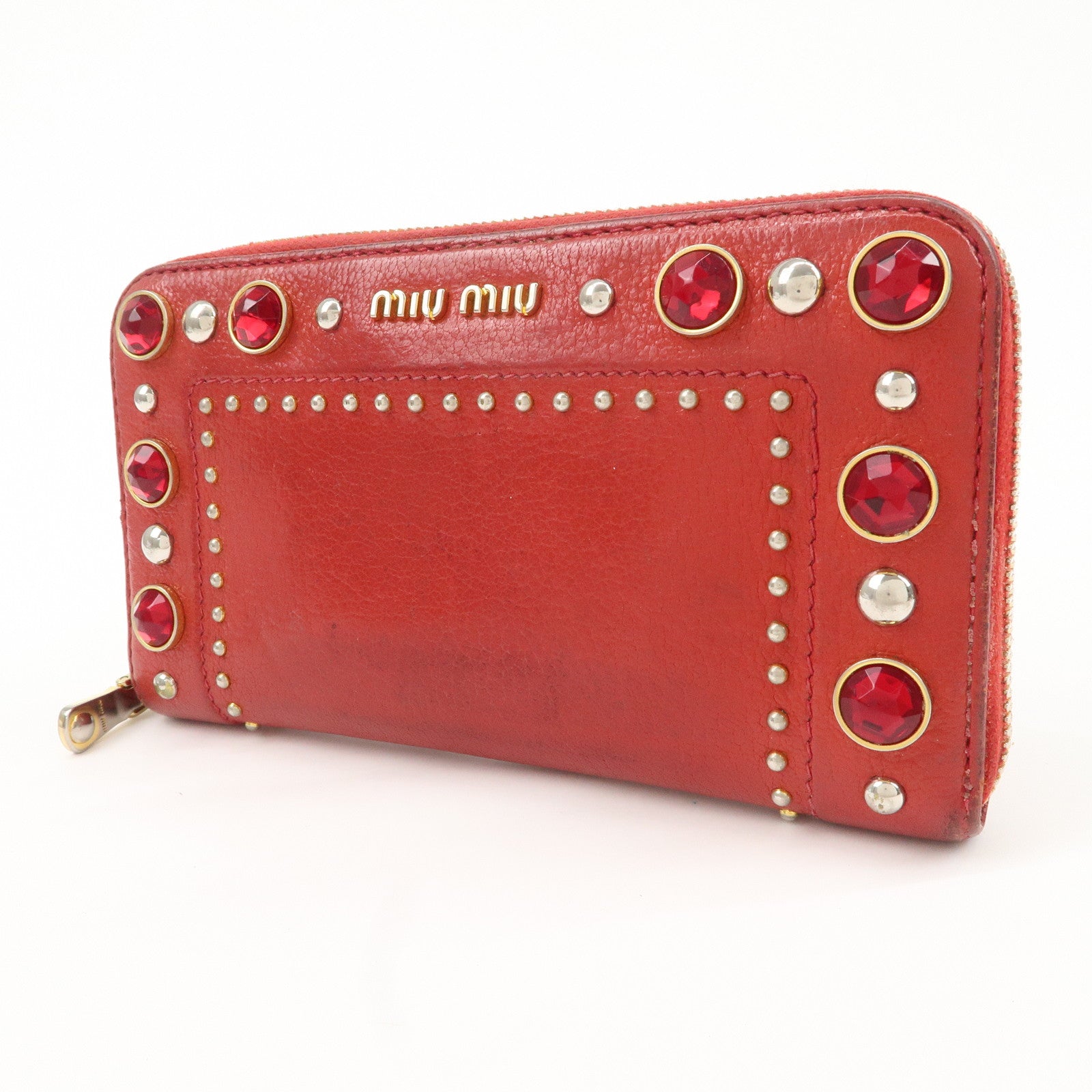 MIU MIU Leather Round Zipper Long Wallet Bijou Studs Red Used