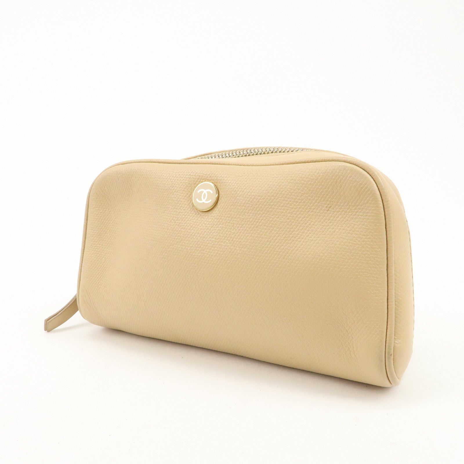 CHANEL COCO Button Leather Cosmetic Pouch Beige Gold A20913 Used