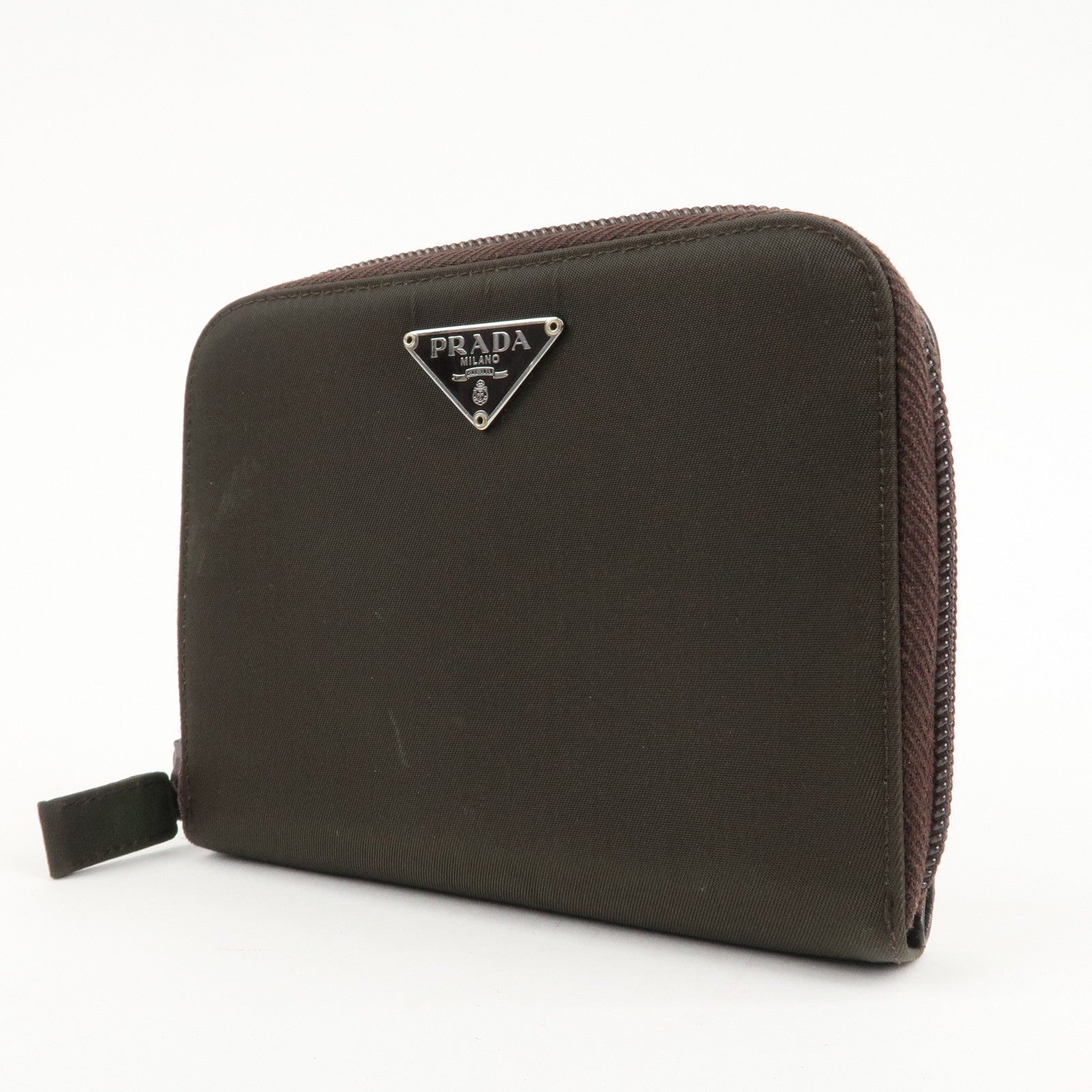 PRADA Logo Leather Bi-Fold Wallet Small Wallet Khaki Used