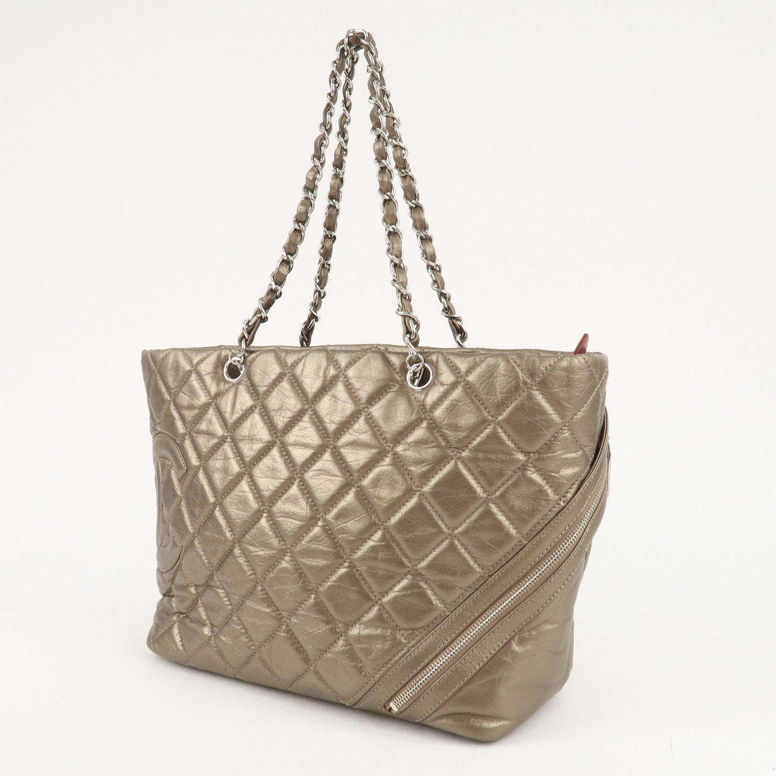 CHANEL Cambon Line Lamb Skin Cotton Club Hand Bag Bronze A34318 Used