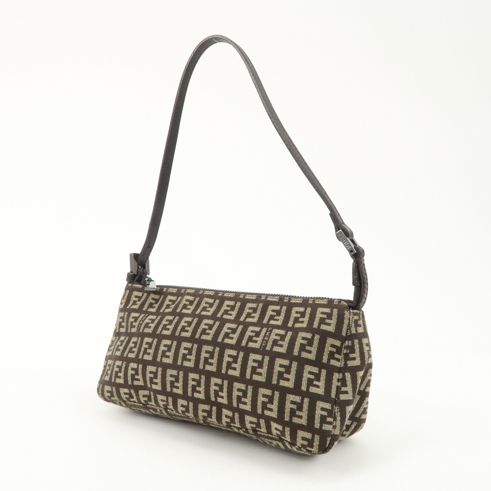 FENDI Zucchino Canvas Leather Shoulder Bag Dark Brown 8BR249 Used