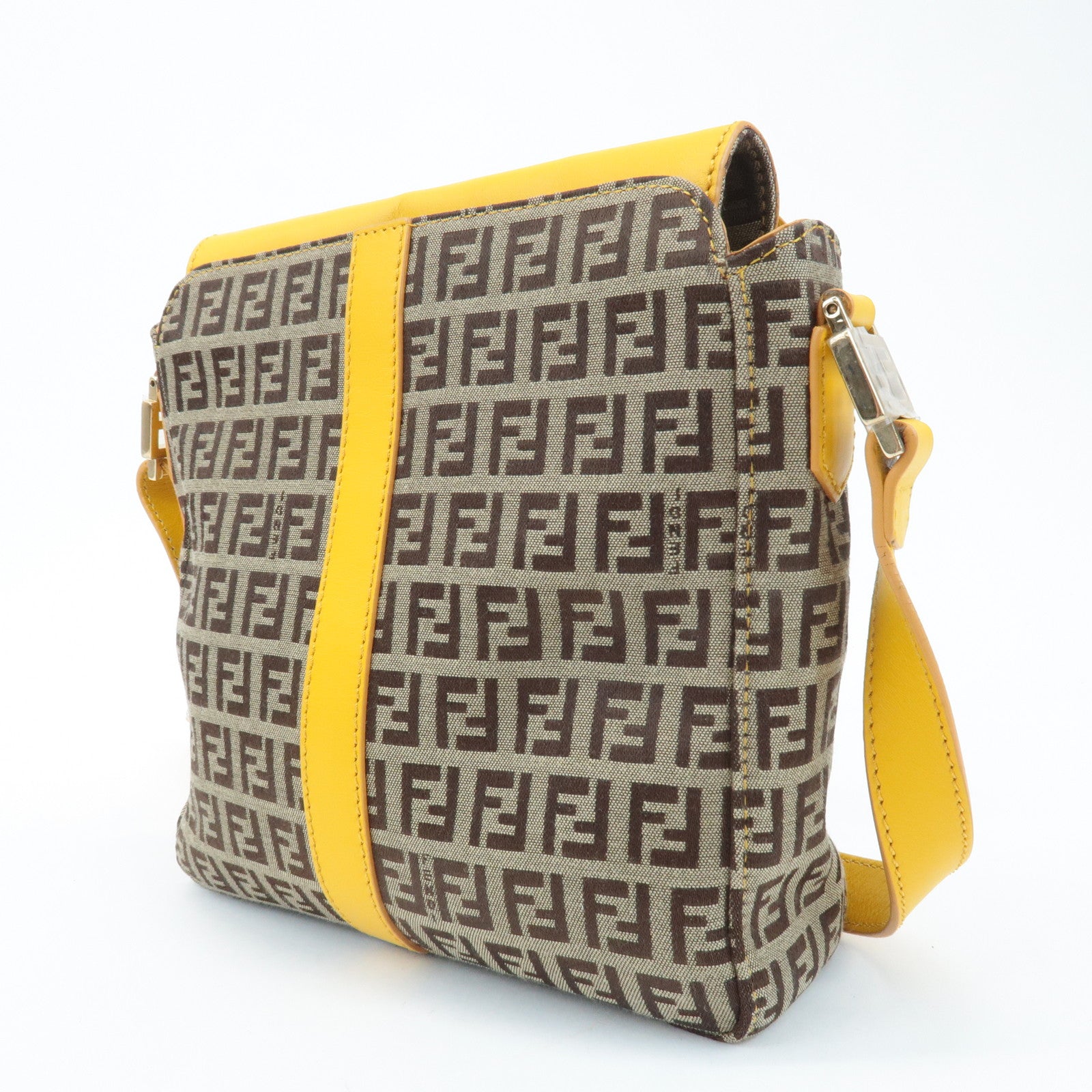 FENDI Zucchino Canvas Leather Shoulder Bag BrownYellow 8BT175 Used