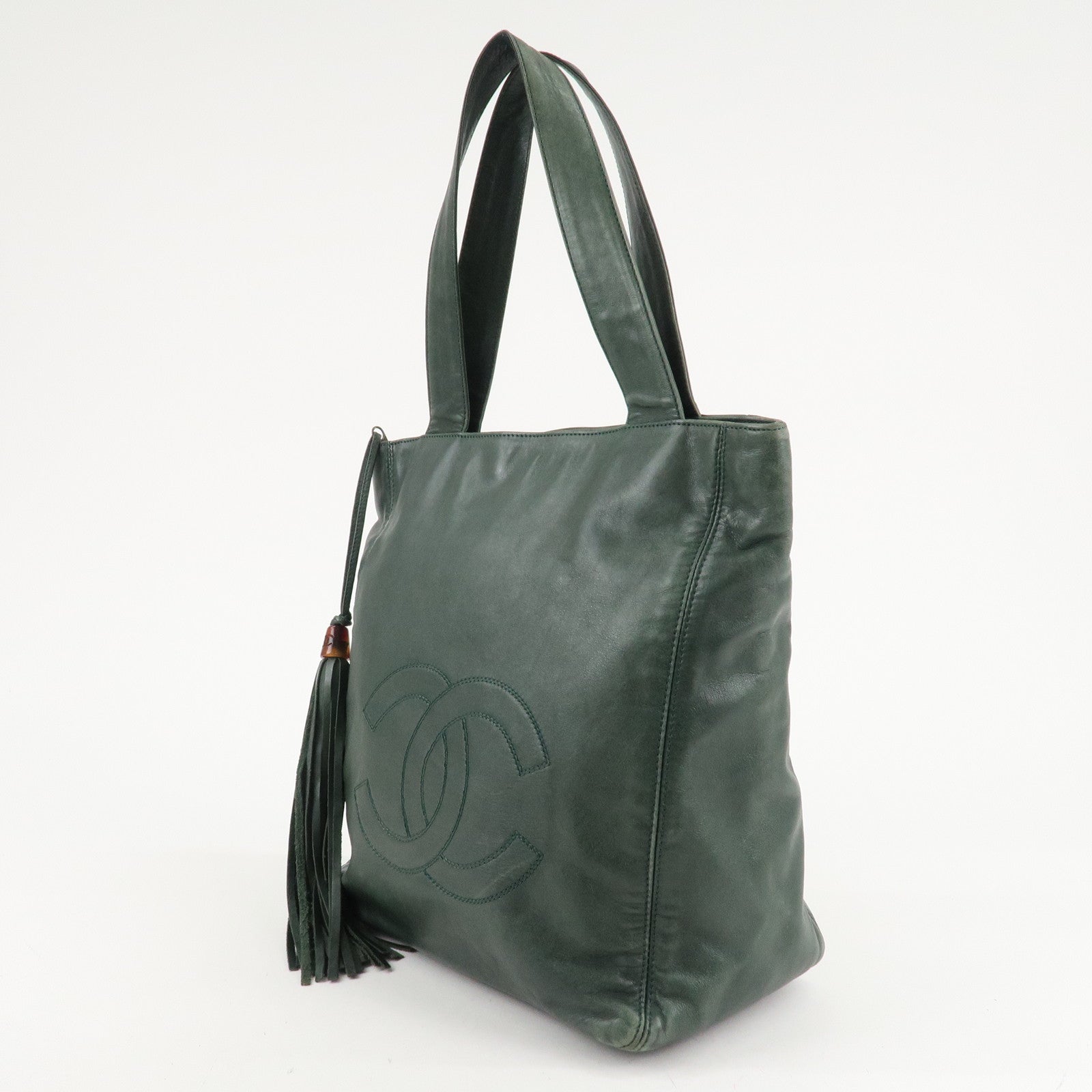 CHANEL COCO Mark Lamb Skin Tassel Fringe Shoulder Bag Green Used