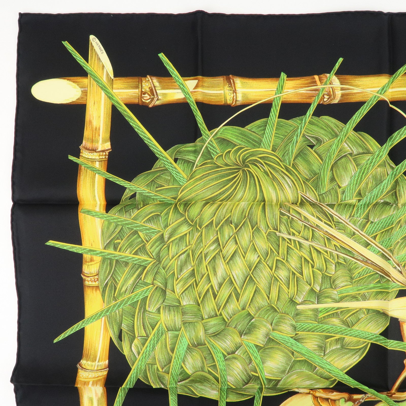 HERMES Silk 100% Carre 90 Scarf Nouvelle Colodonie Black Green Used