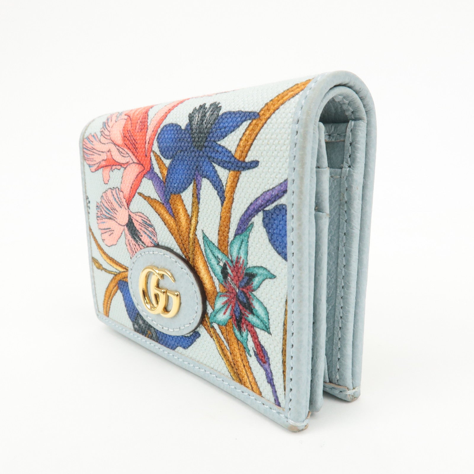 GUCCI GG Marmont Flora Canvas Leather Bi-fold Compact Wallet Used