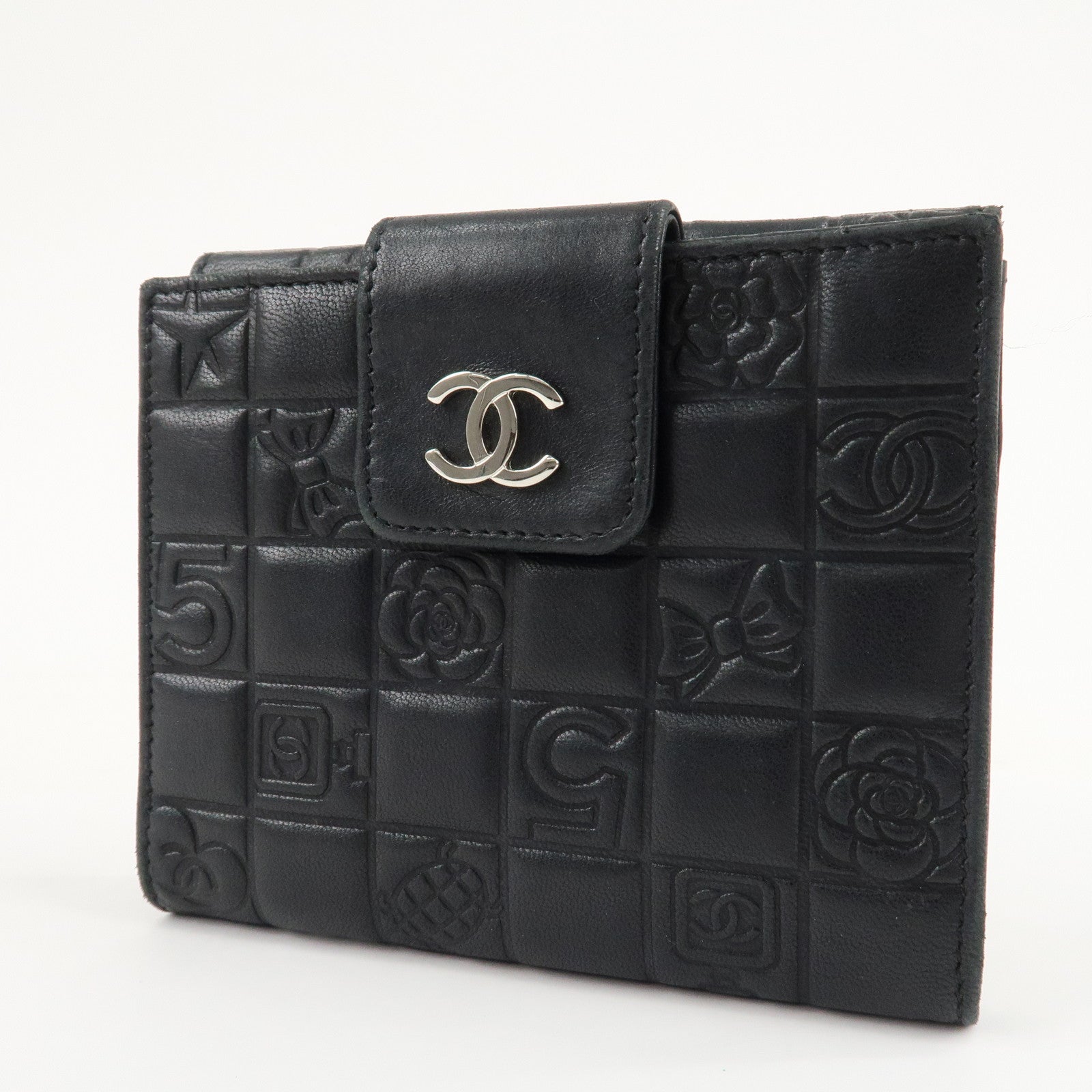 CHANEL Icon Line Lamb Skin W Flap Bi-fold Wallet Black A24212 Used