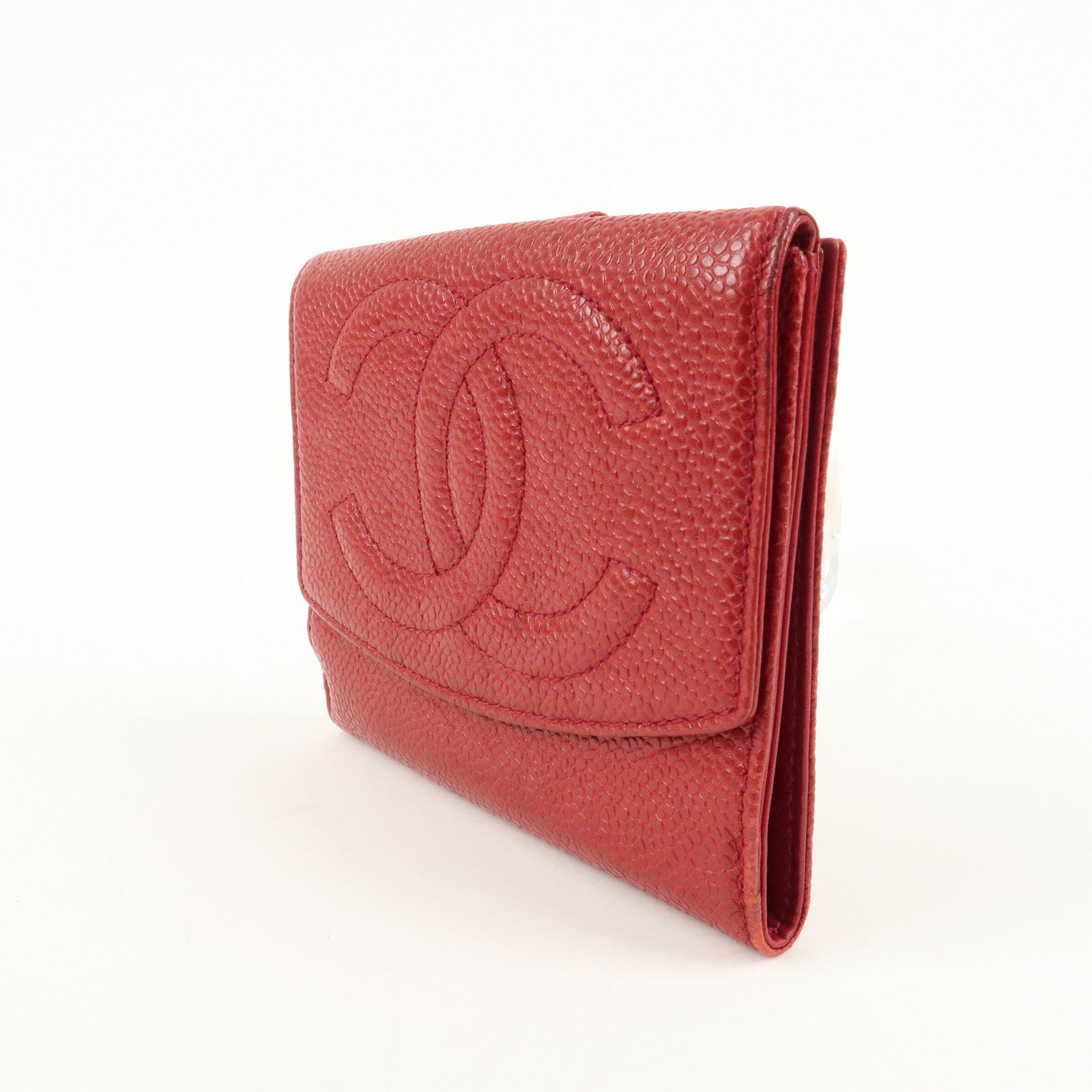 CHANEL Caviar Skin Coco Mark W Hook Compact Wallet A01427 Used