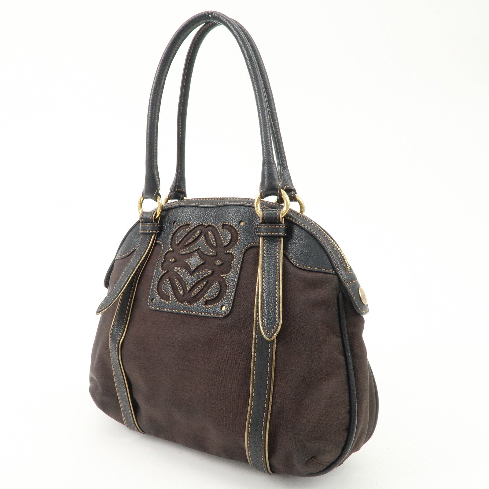 LOEWE Anagram Canvas Leather Hand Bag 340807 Brown Black Used