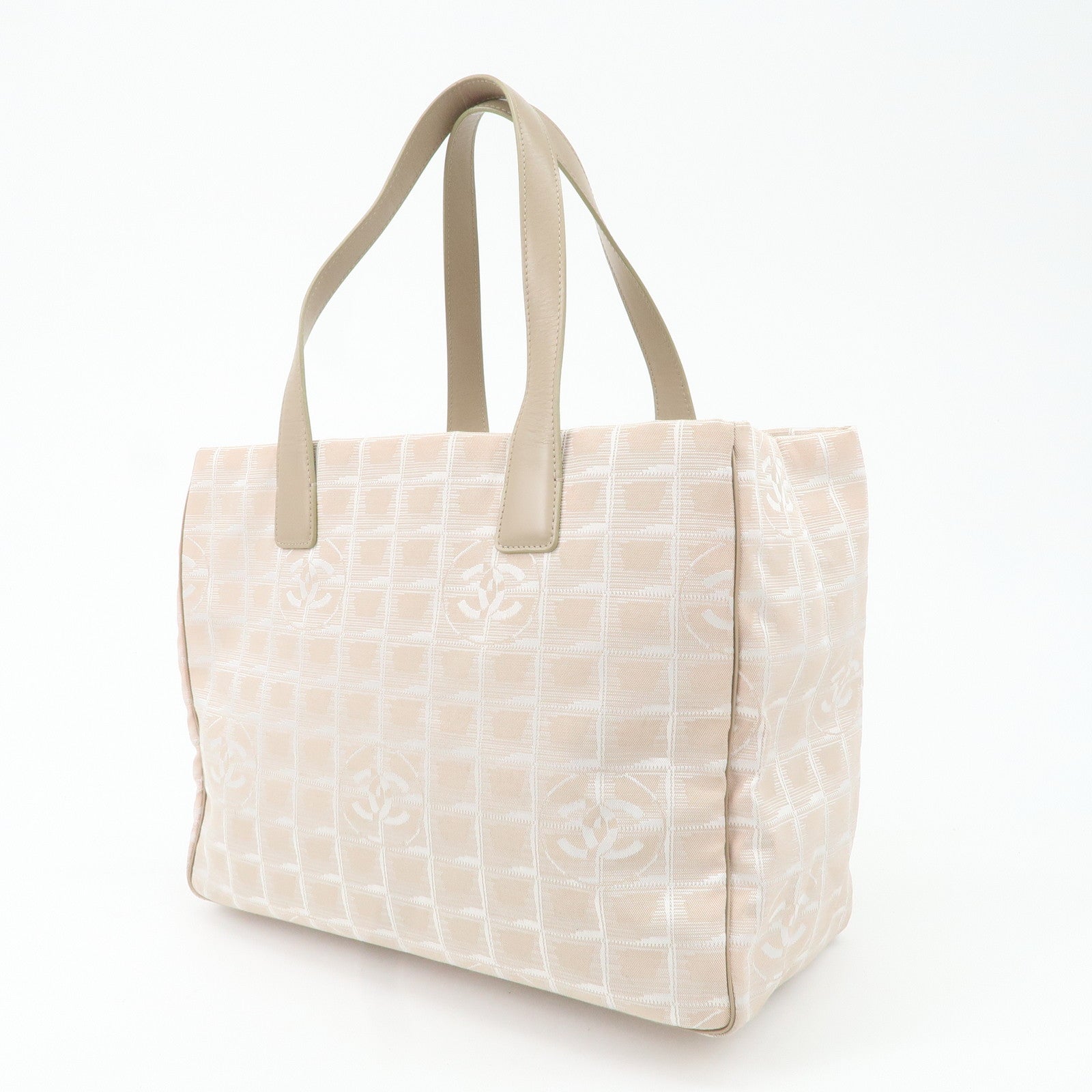 CHANEL New Travel Line Nylon Jacquard Leather Tote Bag Beige A15991 Used