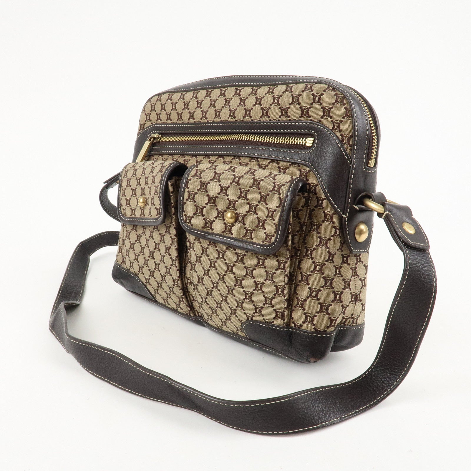 CELINE Macadam Canvas Leather Shoulder Crossbody Bag Beige Brown Used