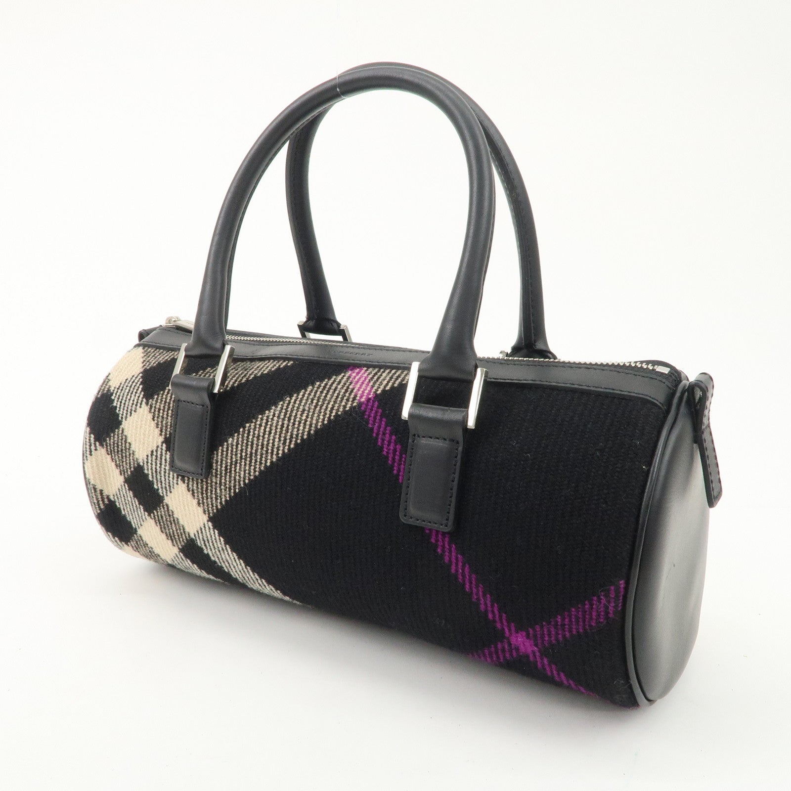BURBERRY Wool Leather Boston Bag Hand Bag Black Beige Purple Used