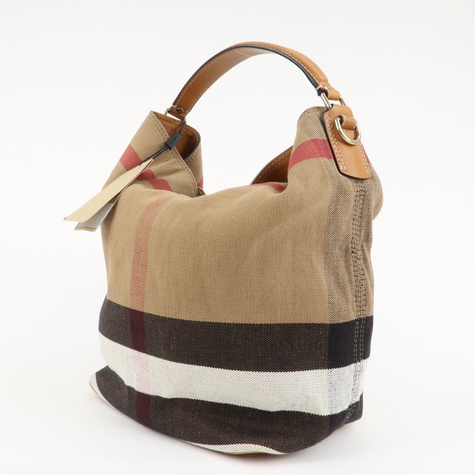 BURBERRY Canvas Leather Ashby Medium Plaid Bucket Bag Beige Brown Used