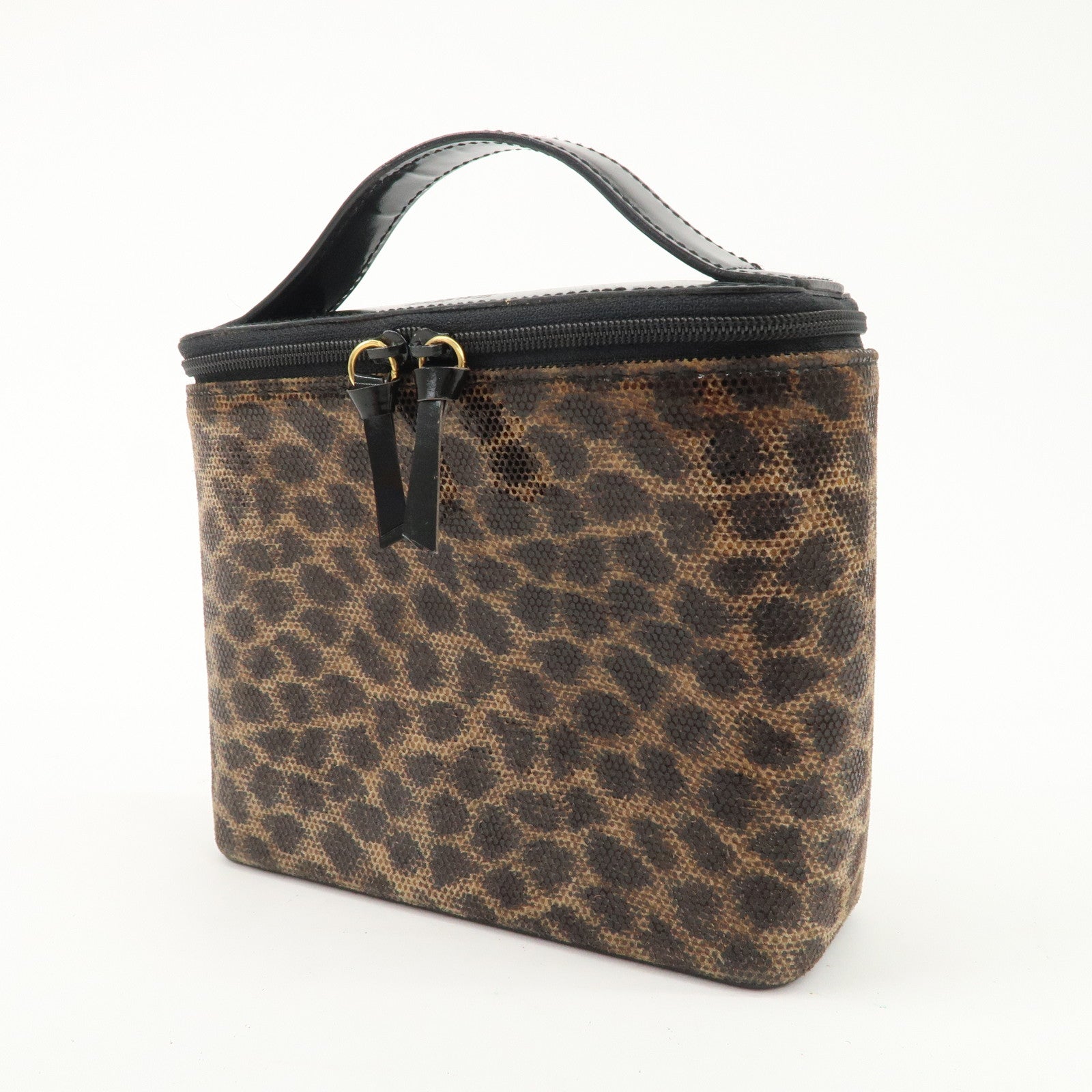 LOEWE Nylon Canvas Patent Leather Leopard Vanity Bag Black Beige Used