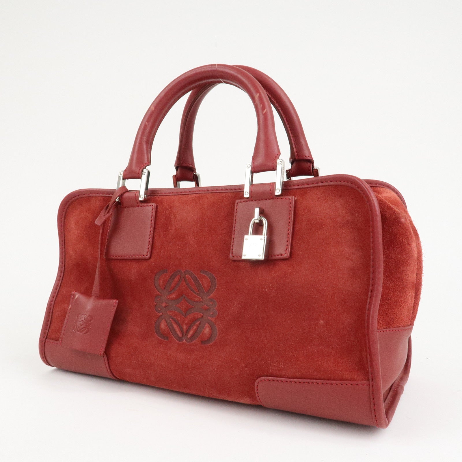 LOEWE Anagram Suede Leather Amazona 28 Hand Bag Red Silver HDW Used