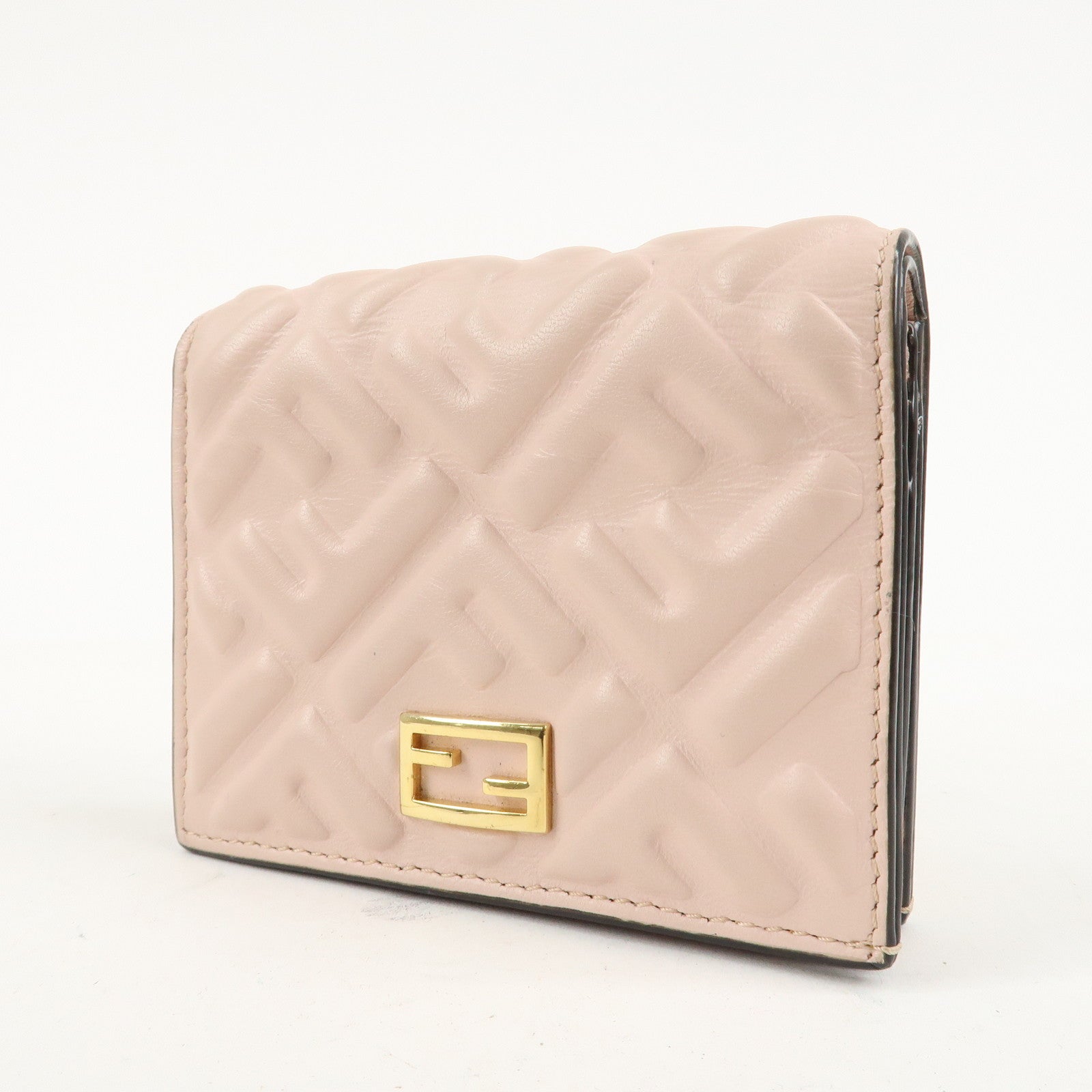 FENDI Bucket Leather Bi-Fold Wallet Gold Metal Fitting Pink Used