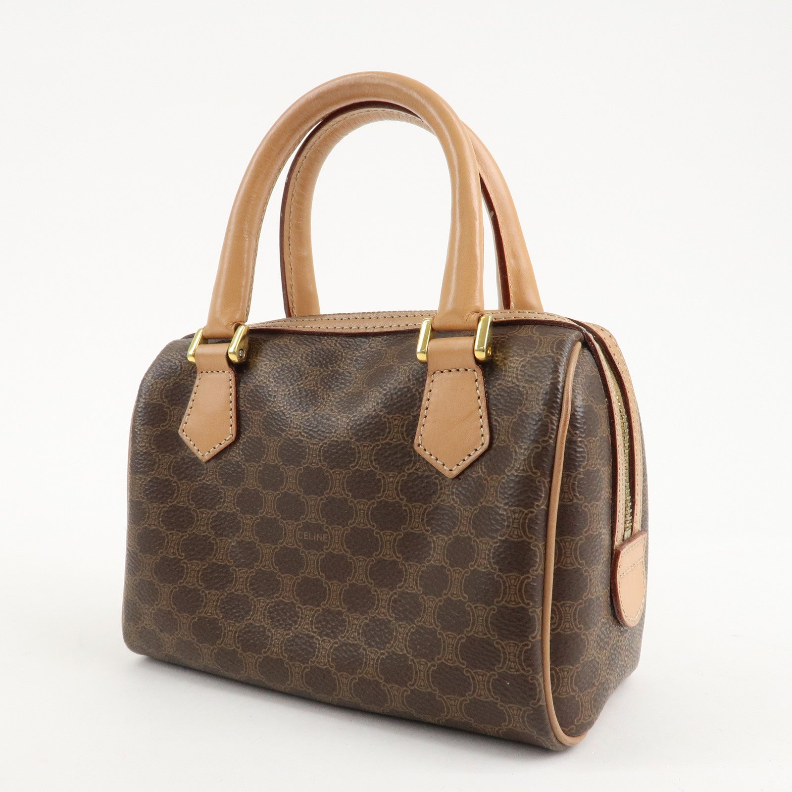 CELINE Macadam PVC Leather 2 Way Boston Bag Hand Bag Brown Used