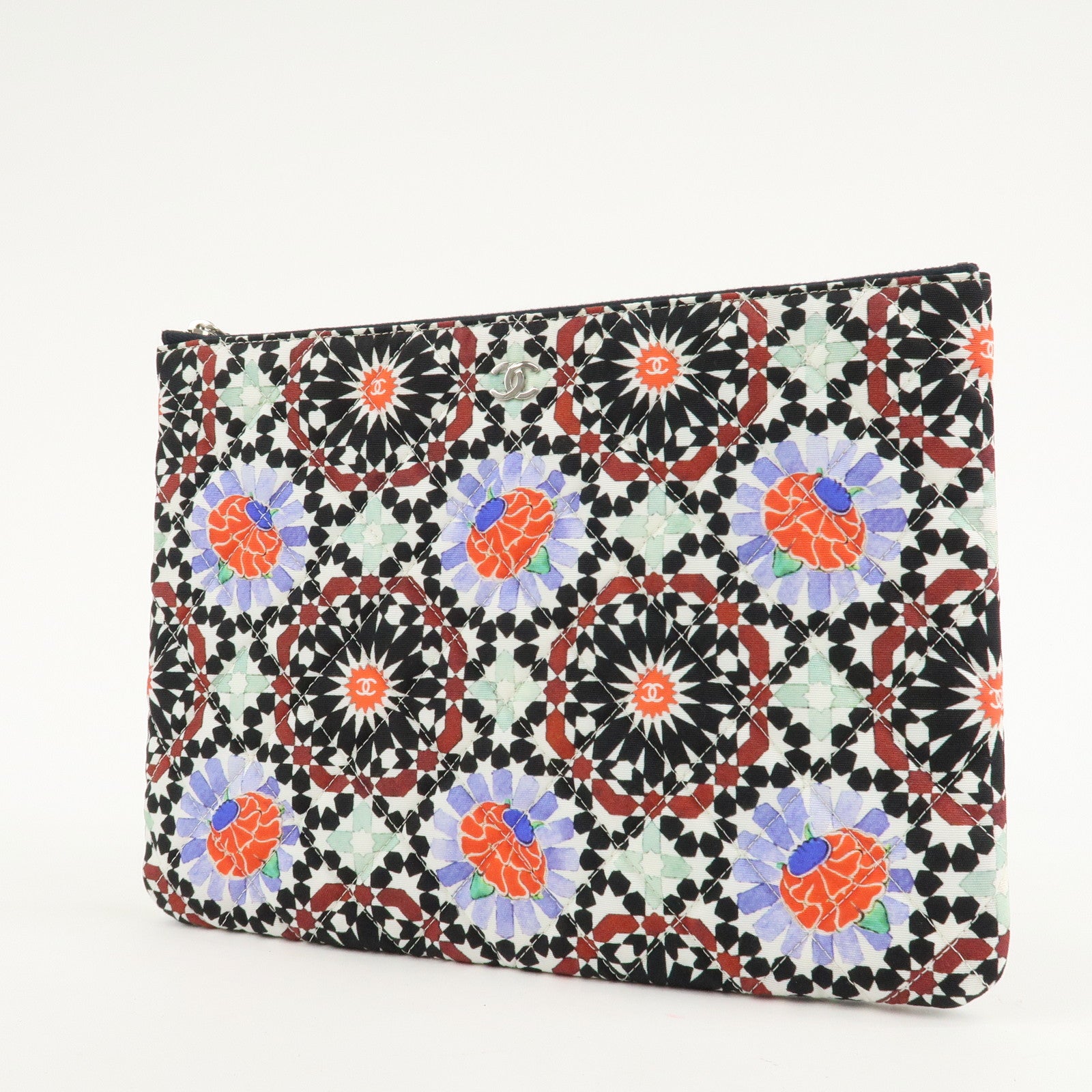 CHANEL COCO Mark Canvas Quilting Flower Print Clutch Bag A82074 Used