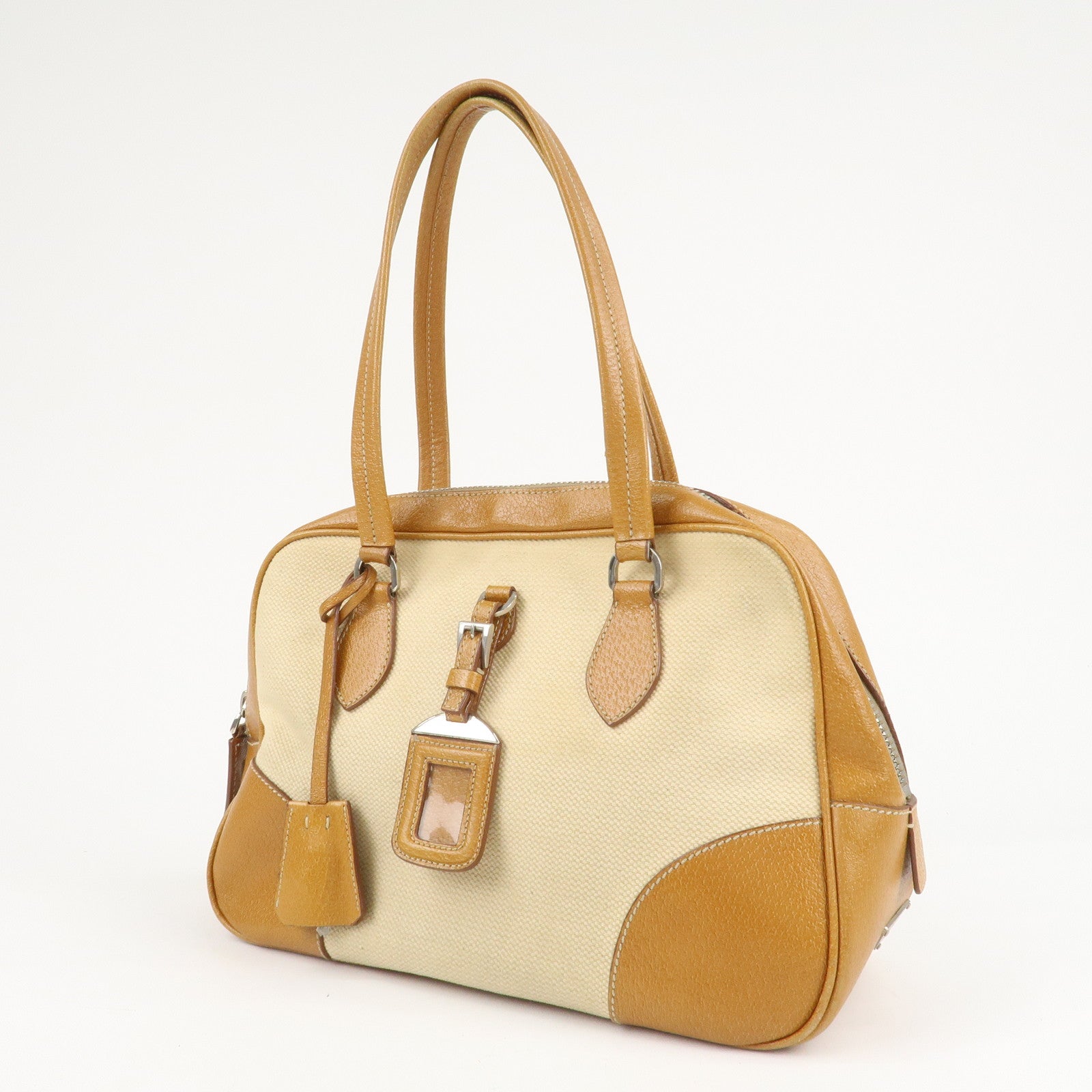 PRADA Canvas Leather Triangle Logo Boston Bag Ivory Brown Used