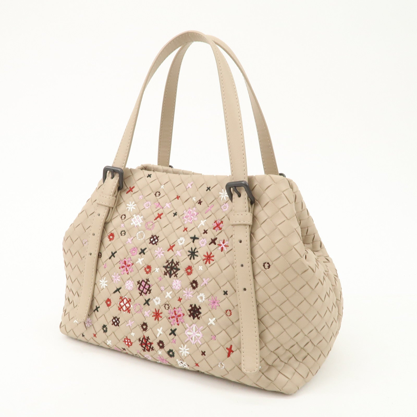 BOTTEGA VENETA Intrecciato Leather Embroidery Tote Bag Beige Used