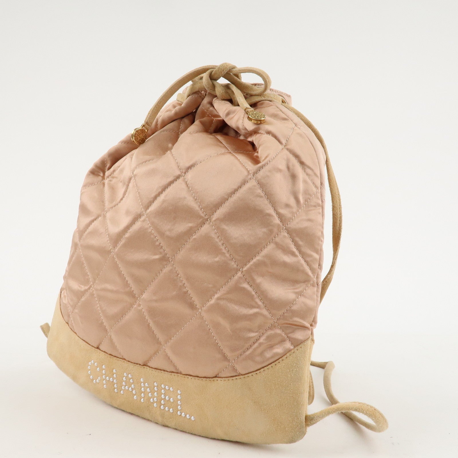 CHANEL Matelasse Satin Suede Back Pack Ruck Sack Pink Beige Used
