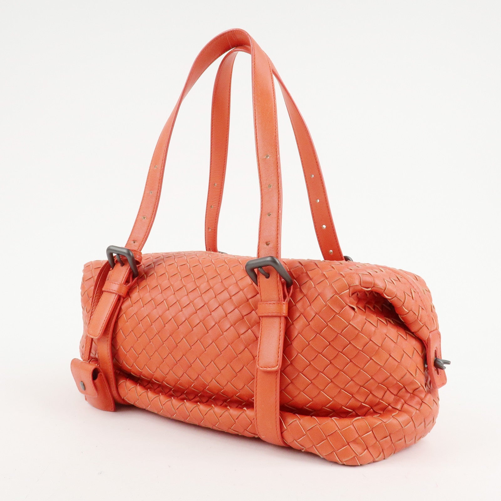 BOTTEGA VENETA Intrecciato Leather Boston Montaigne Bag Orange Used