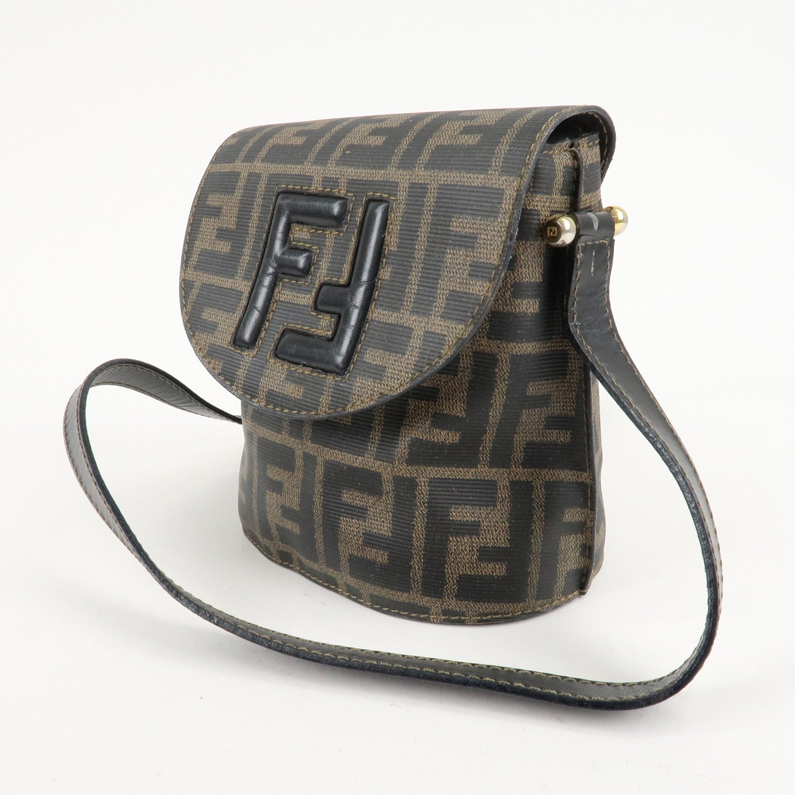 FENDI Zucca Logo Print PVC Leather Shoulder Bag Black Brown Used