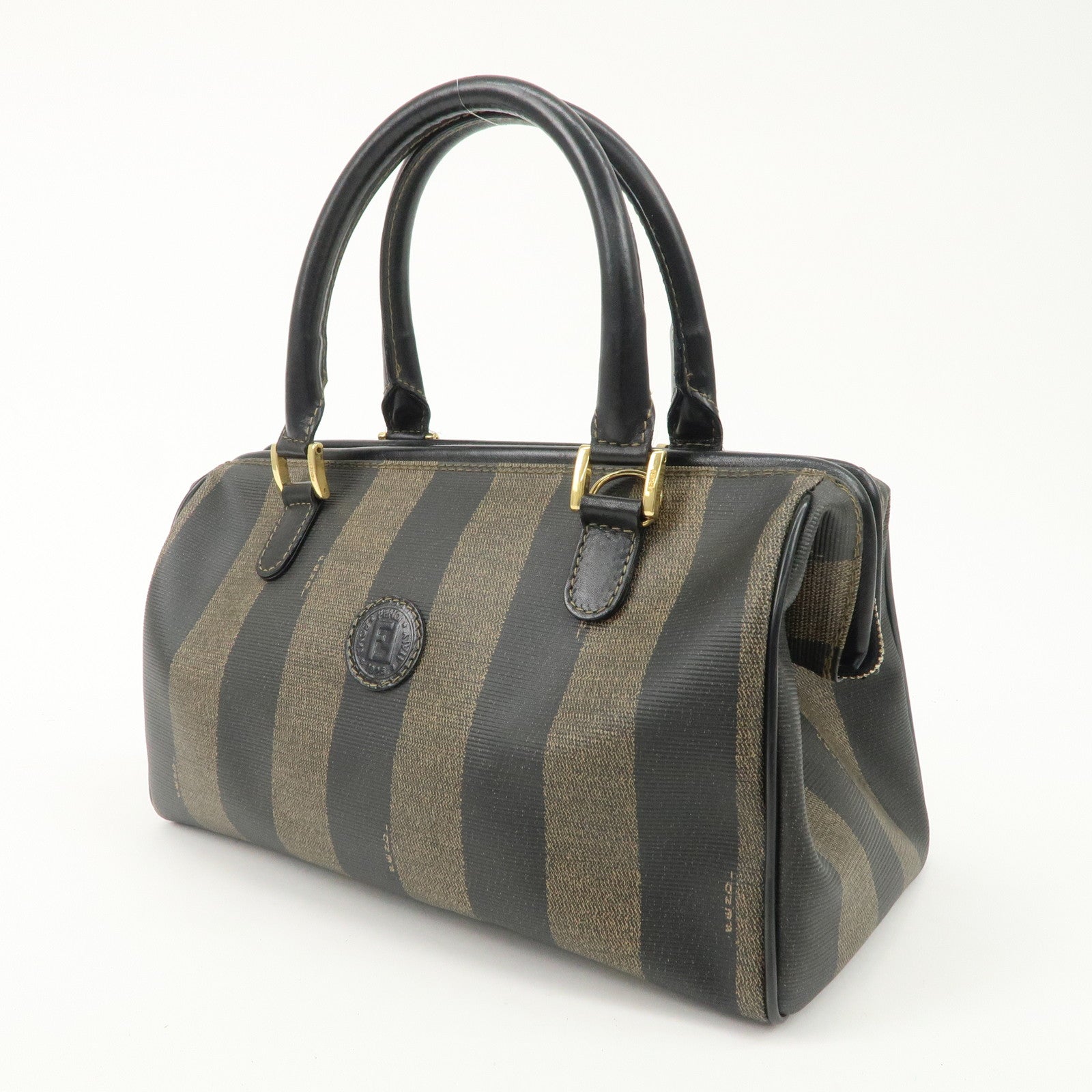 FENDI Pequin PVC Leather Boston Bag Black Brown 259022 Used