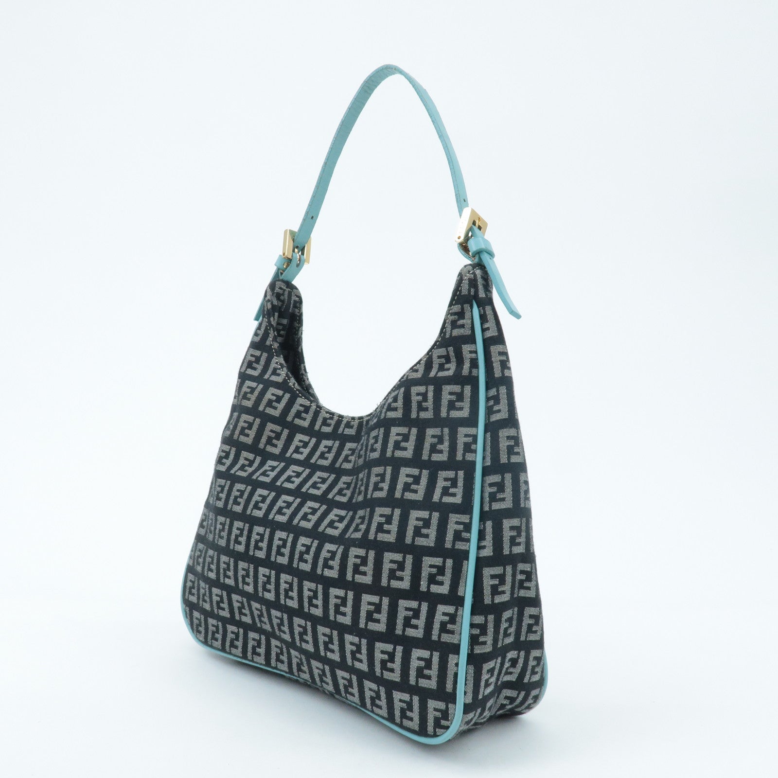 FENDI Zucchino Canvas Leather Shoulder Bag Black White Blue 8BR158 Used