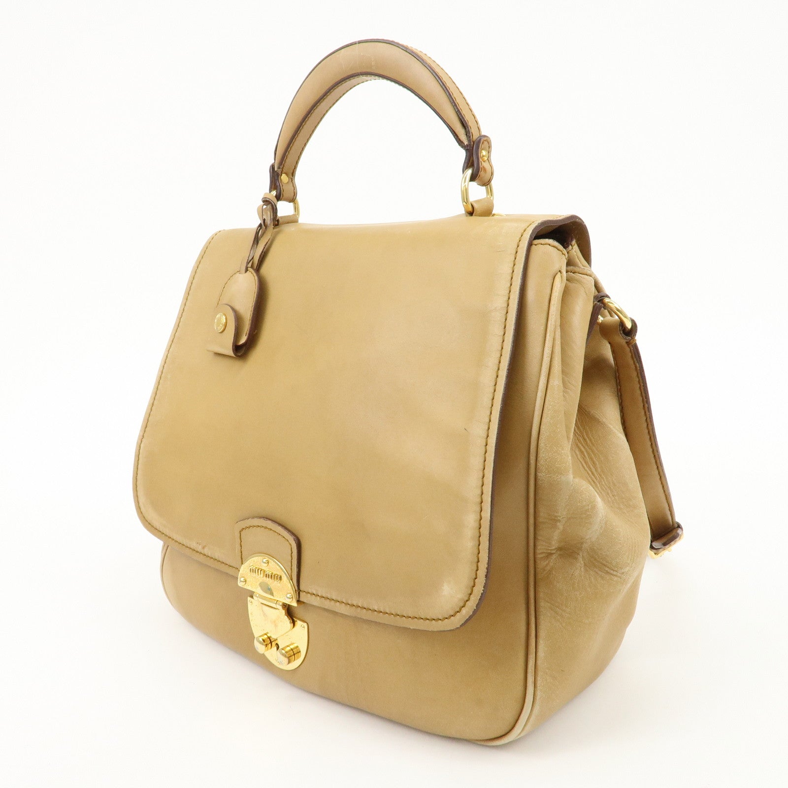 MIU MIU Leather 2Way Shoulder Bag Hand Bag Beige Used