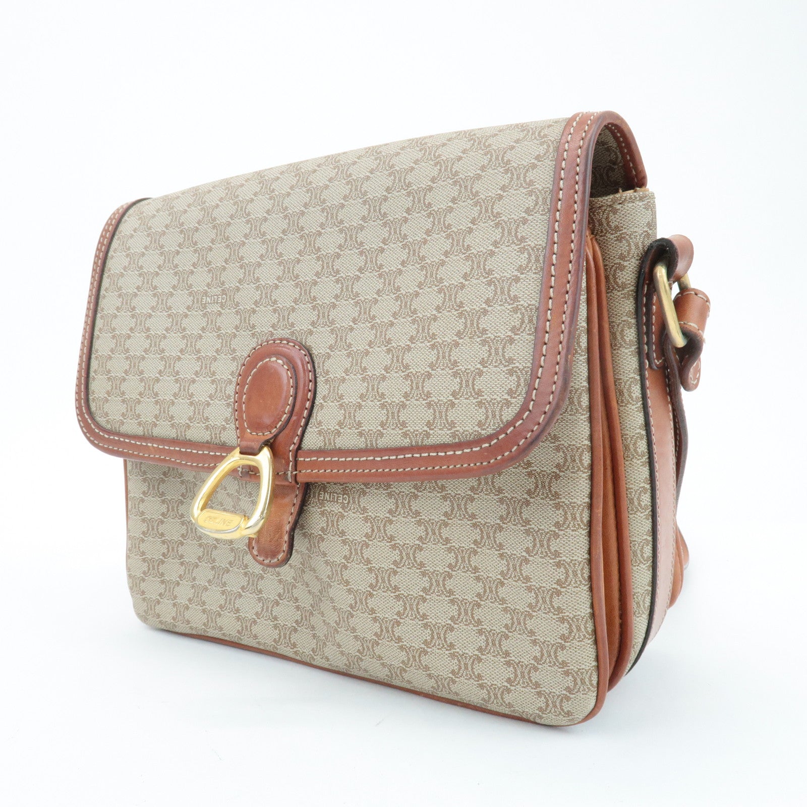 CELINE Macadam PVC Leather Shoulder Bag Beige Brown Used