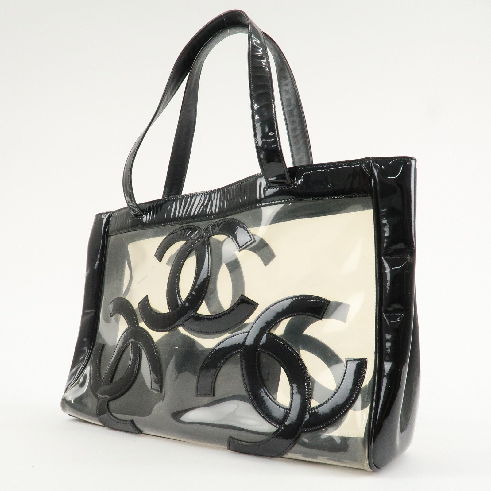CHANEL PVC Patent Leather Vinyl Triple COCO Mark Tote Bag Black Used