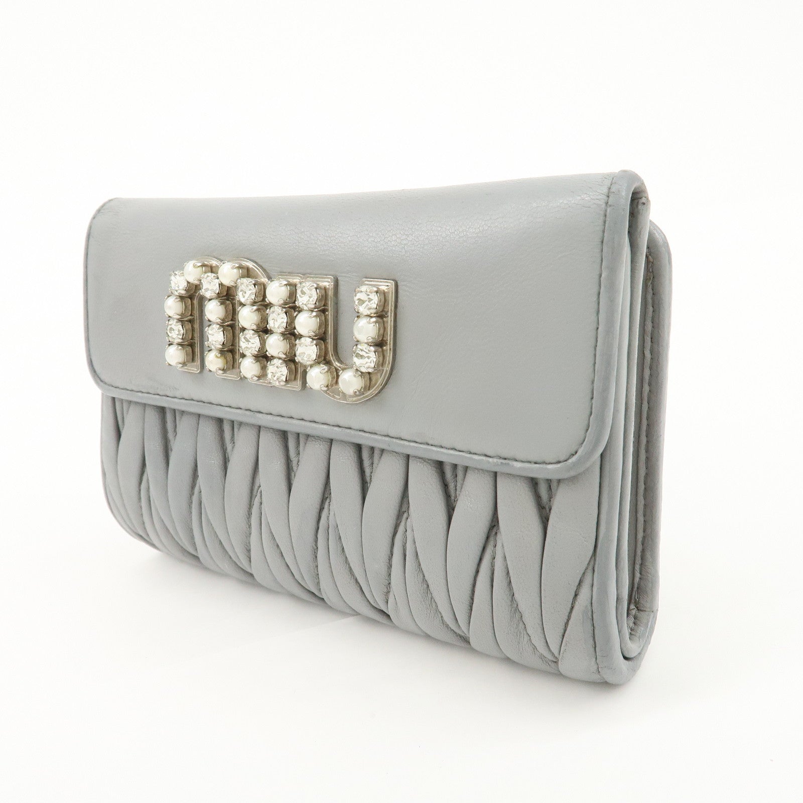 MIU MIU Matelasse Leather Bijoux Studs Tri-fold Wallet Gray Used
