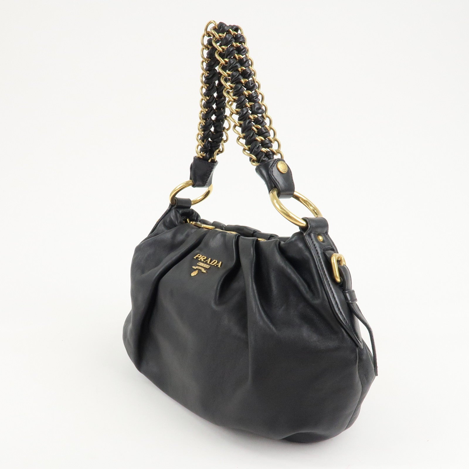 PRADA Leather Chain One-Shoulder Bag Black Gold Hardware Used