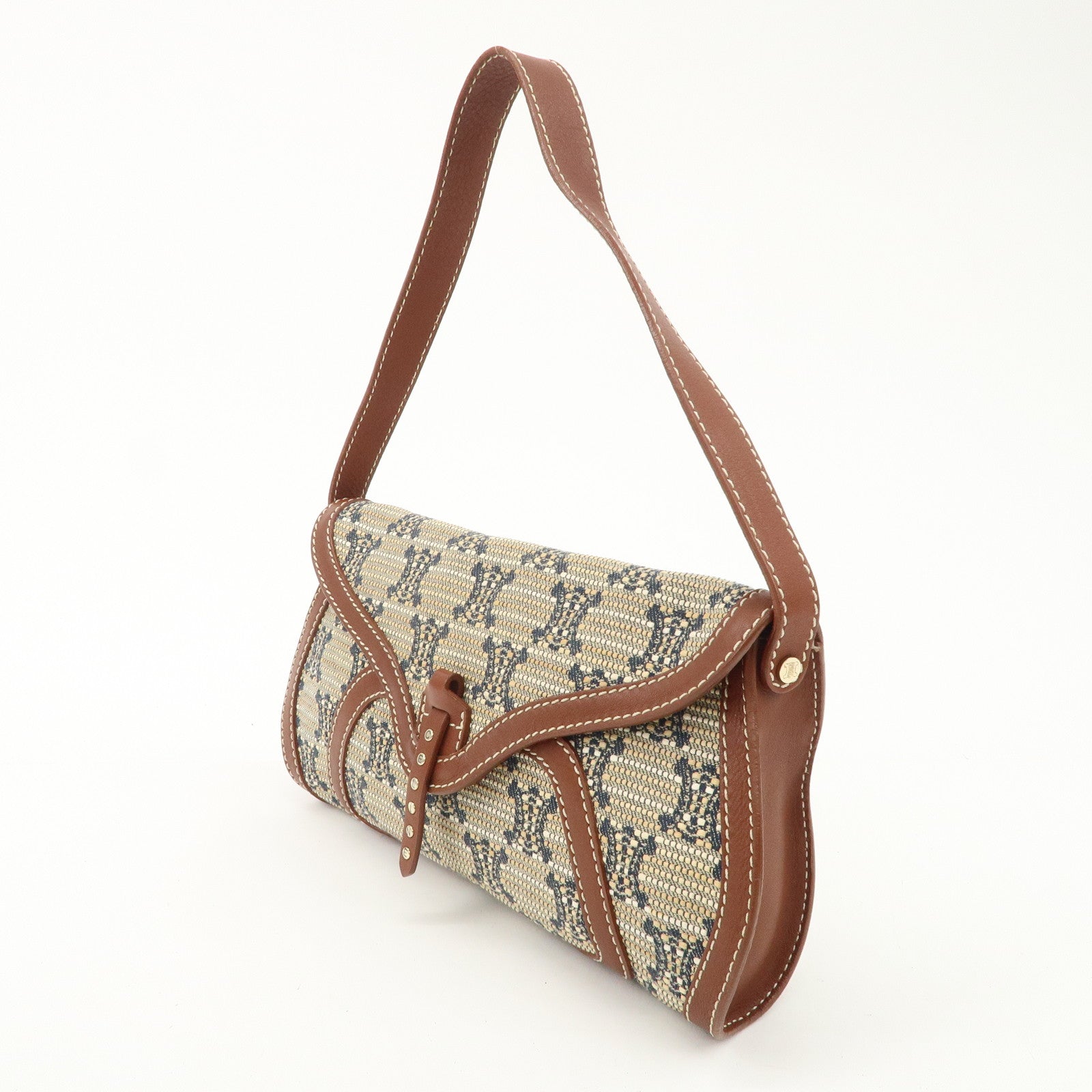 CELINE Macadam Canvas Leather Shoulder Bag Beige Navy Brown Used
