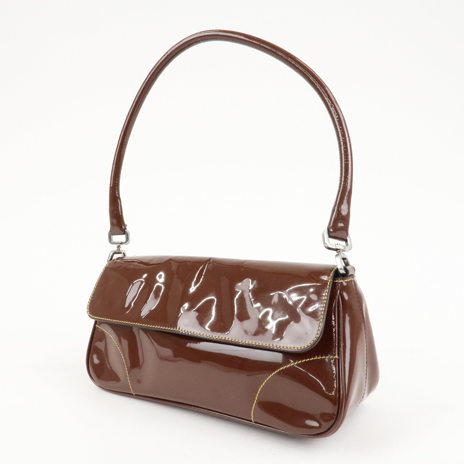 PRADA Patent Leather Shoulder Bag Brown Used