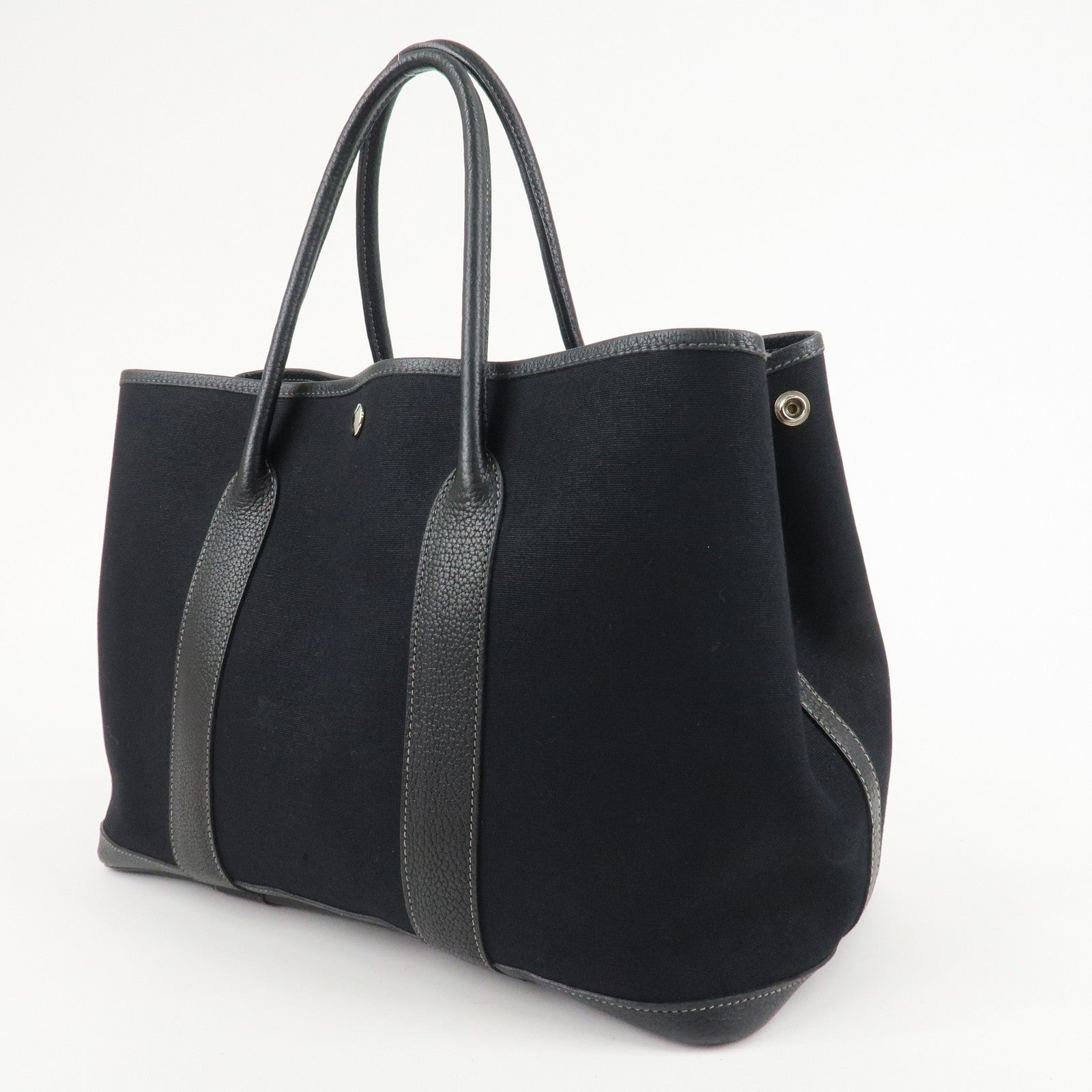 HERMES Garden Party PM G Stamped Canvas Leather Tote Bag Black Used