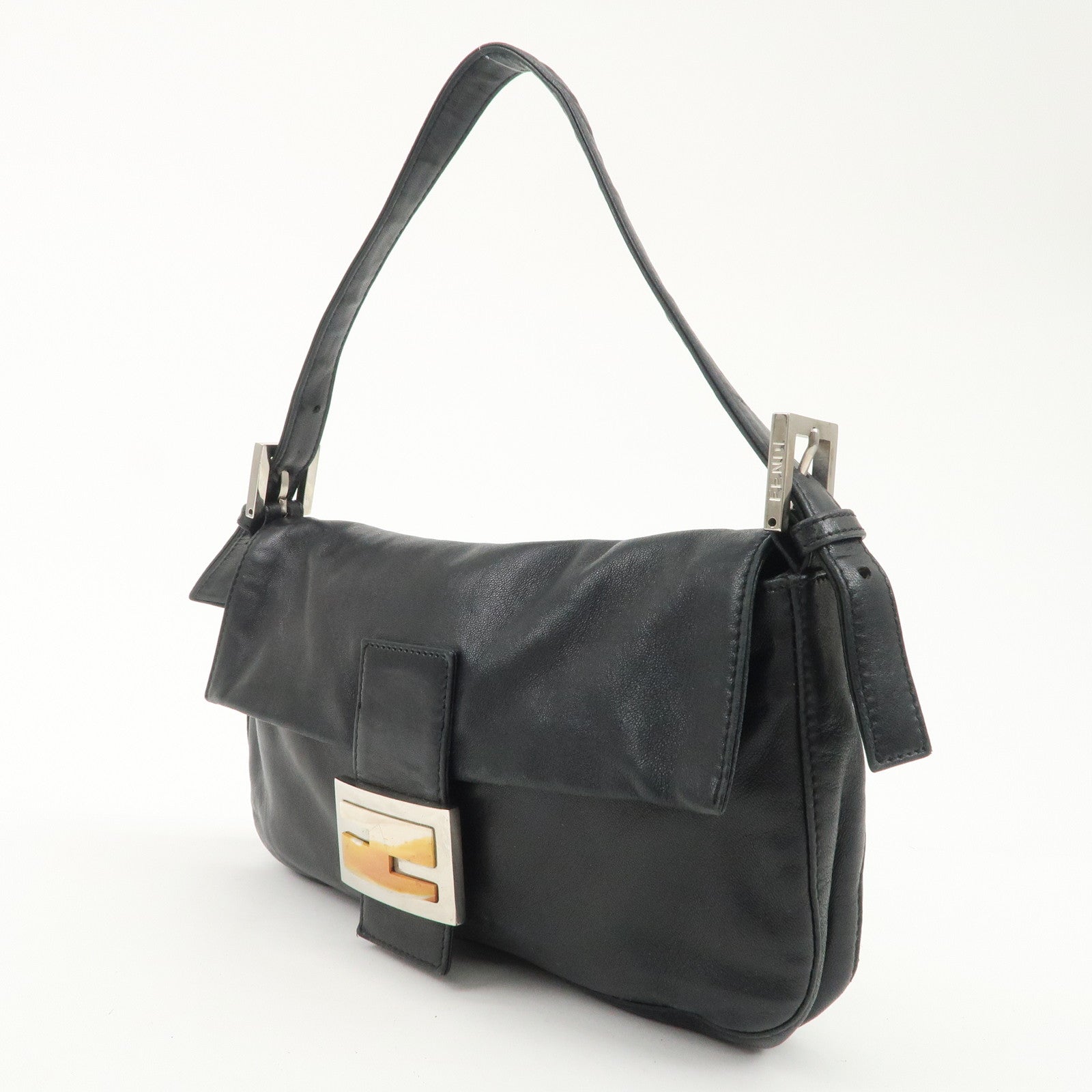 FENDI Mamma Baguette Leather Shoulder Bag Hand Bag Black 26424 Used