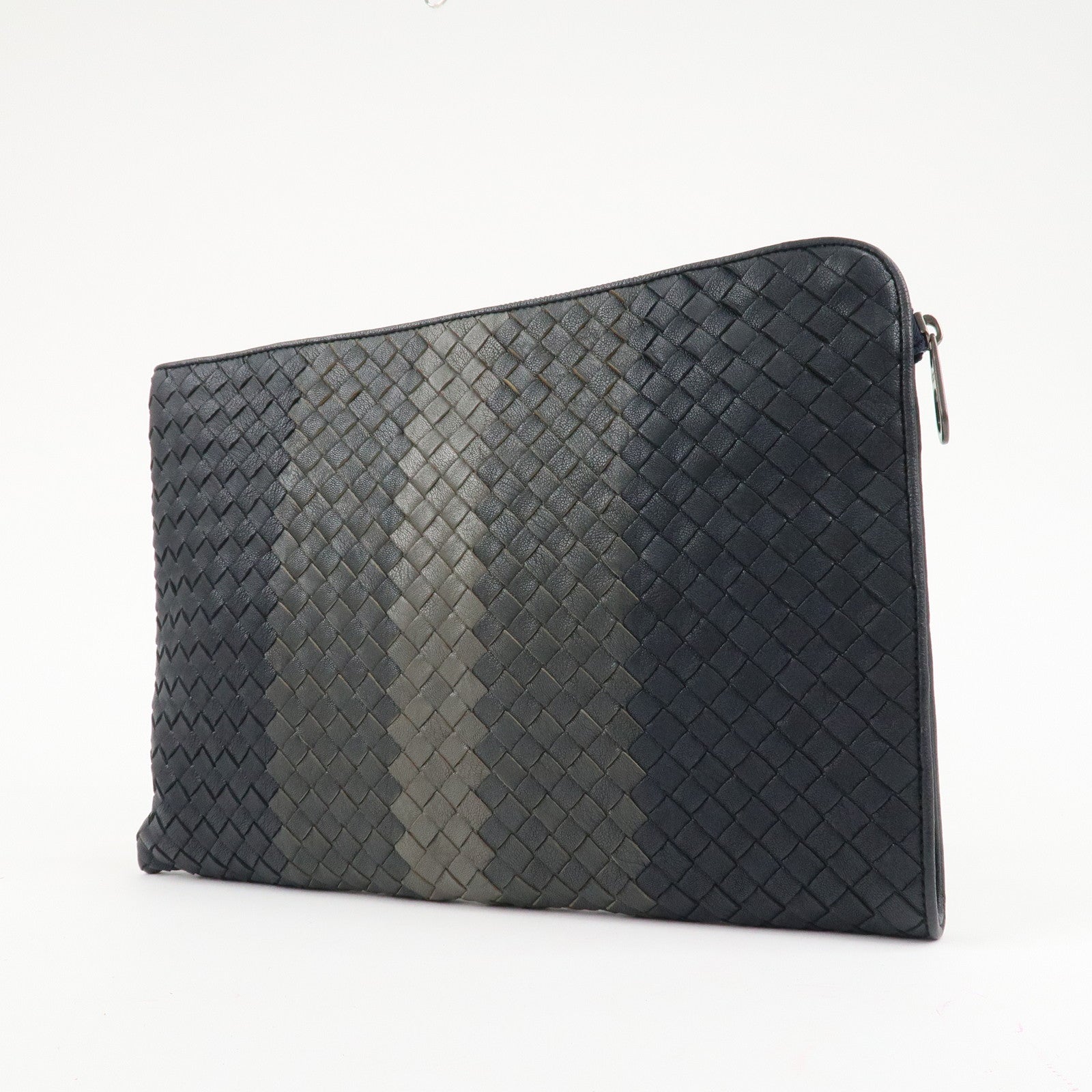 BOTTEGA VENETA Leather Clutch Bag Navy Gray Beige Used