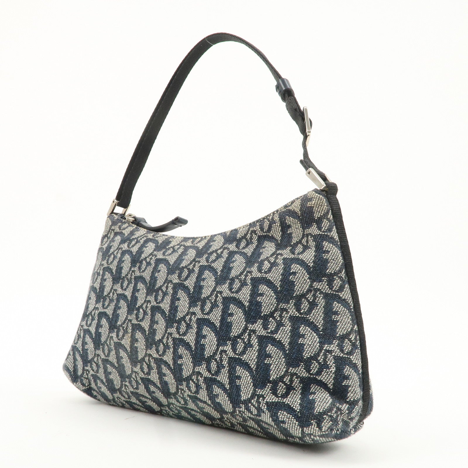 Christian Dior Trotter Canvas Leather Shoulder Bag Navy White Used