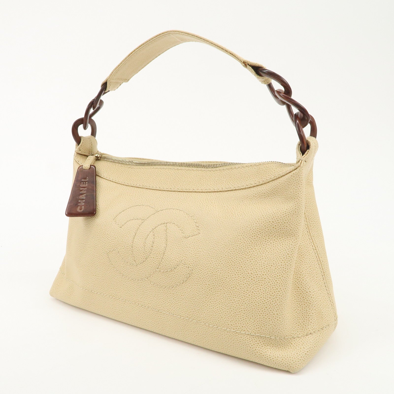 CHANEL Caviar Skin COCO Mark Wood Chain Shoulder Bag Beige Used