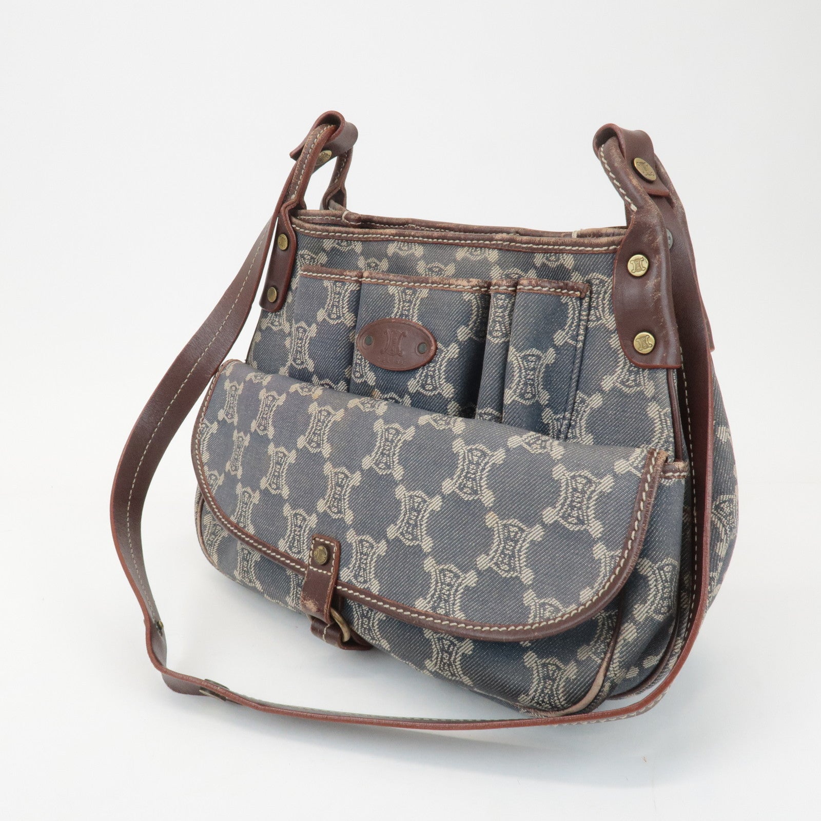 CELINE Macadam Denim Leather Shoulder Bag Blue Brown Used