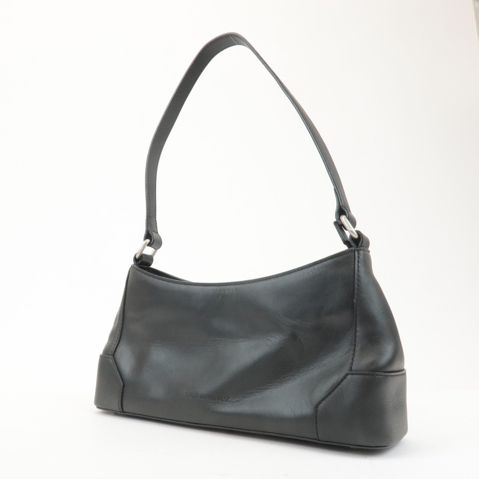 BURBERRY Leather Shoulder Bag Hand Bag Black Silver Hardware Used