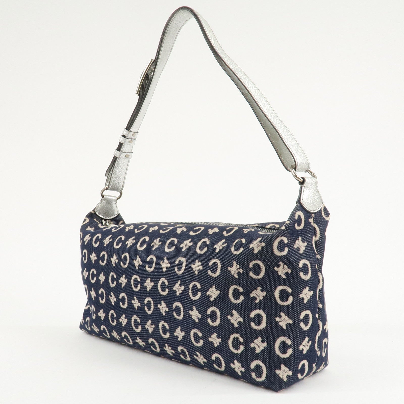 CELINE C Macadam Canvas Leather Shoulder Bag Navy Silver Used