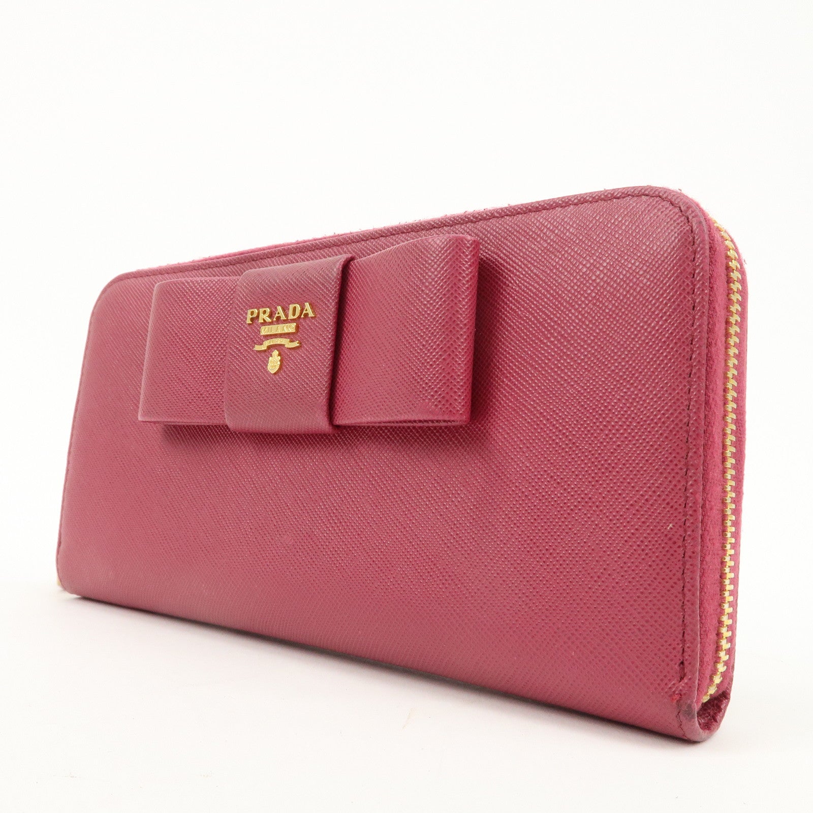 PRADA Logo Saffiano Leather Round Zipper Long Wallet Pink 1M0506 Used
