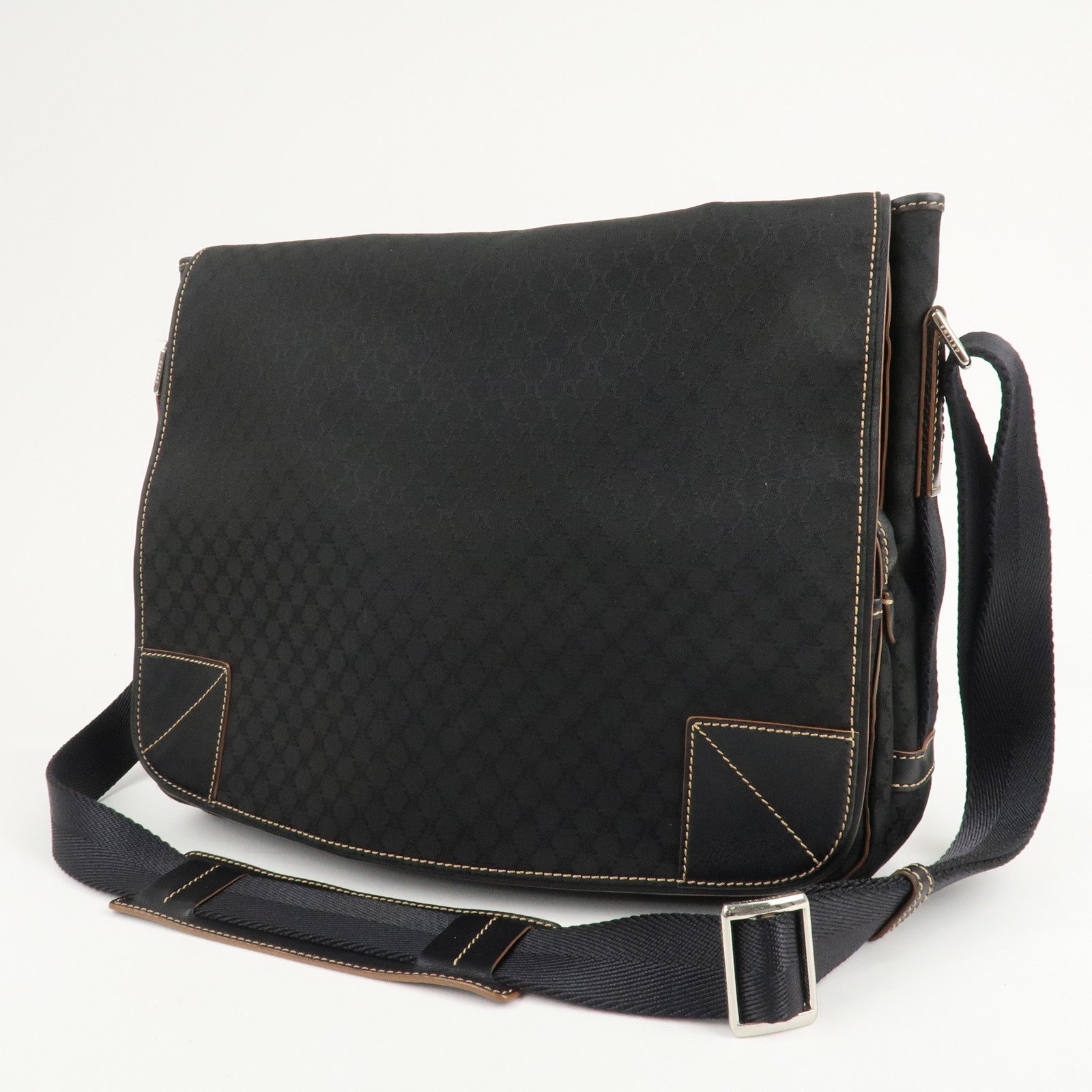 CELINE Macadam Canvas Leather Shoulder Bag Black Used